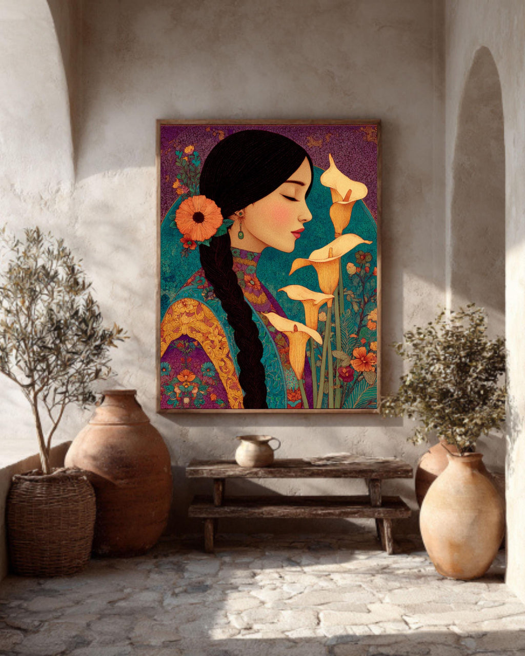 Mexican Woman Calla Lilies Canvas | Laurel Burch Style Latin Art