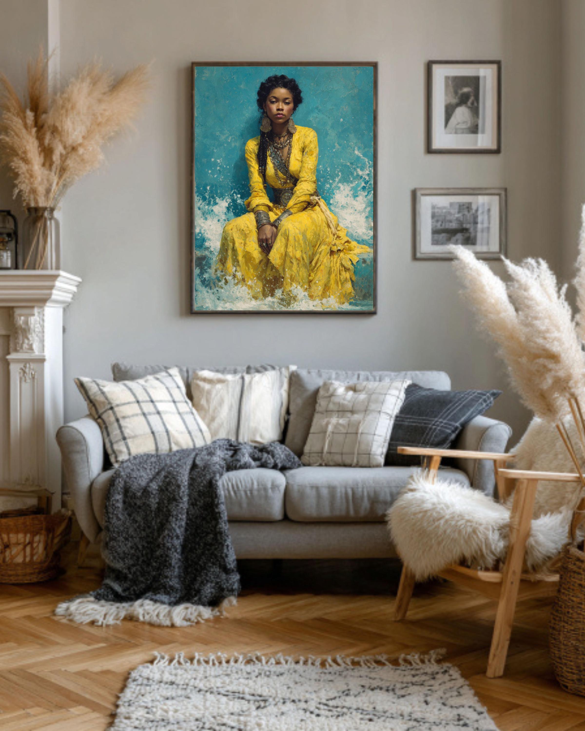 African Woman Canvas Art â€“ Yellow Dress, Ocean Waves, Silver Jewelry Canvas Wall Art Print – Premium Home Decor