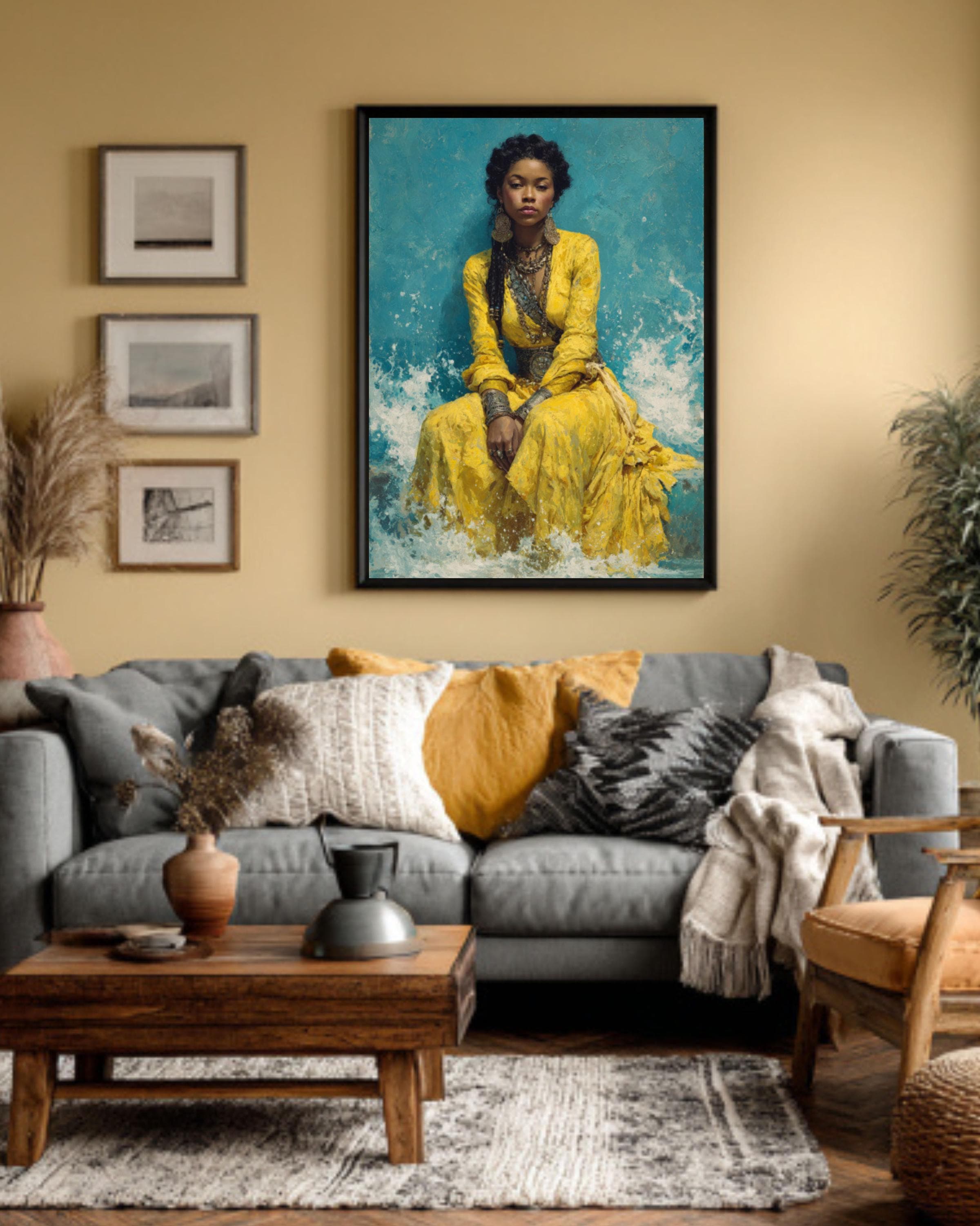 African Woman Canvas Art â€“ Yellow Dress, Ocean Waves, Silver Jewelry Canvas Wall Art Print – Premium Home Decor