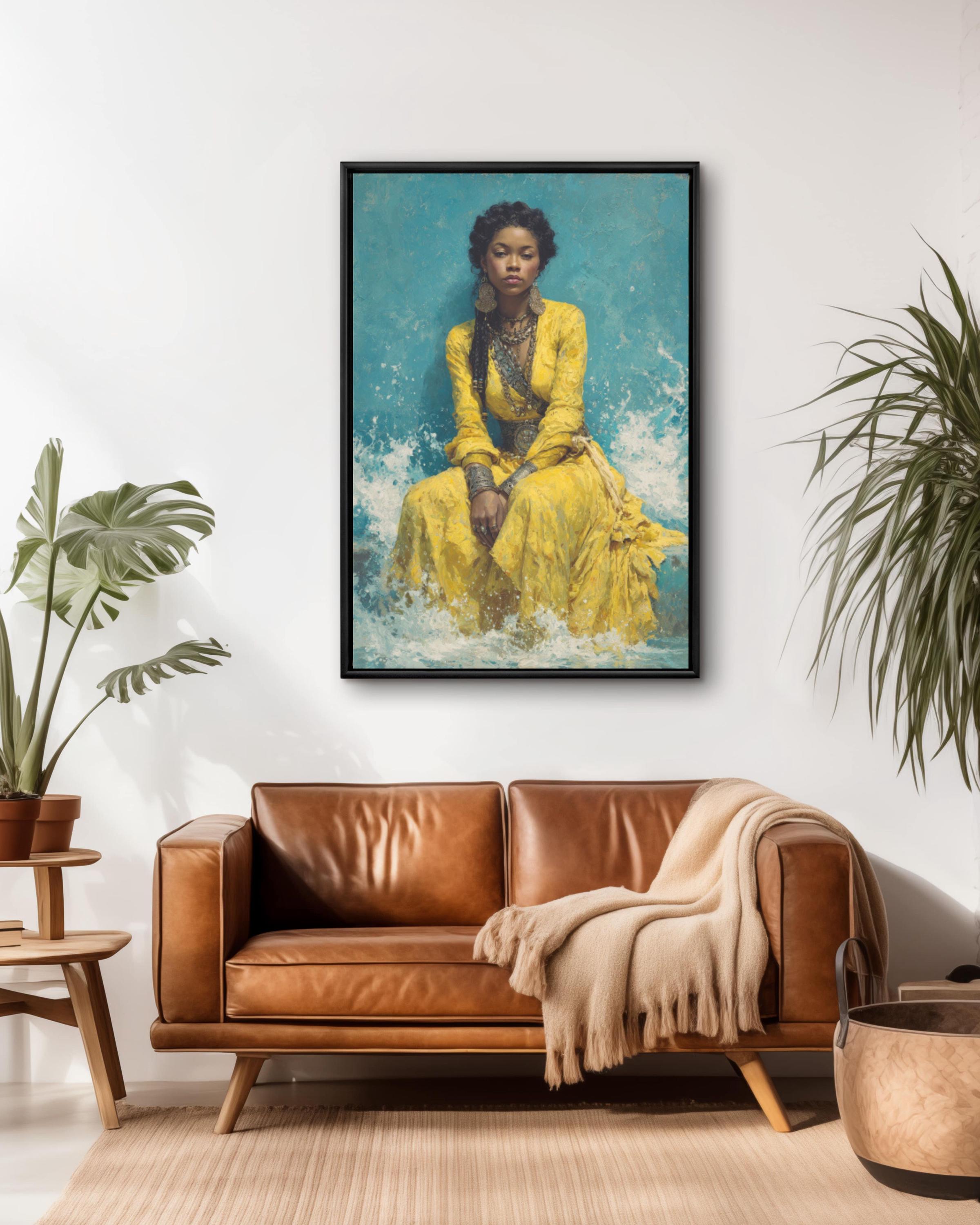 African Woman Canvas Art â€“ Yellow Dress, Ocean Waves, Silver Jewelry Canvas Wall Art Print – Premium Home Decor