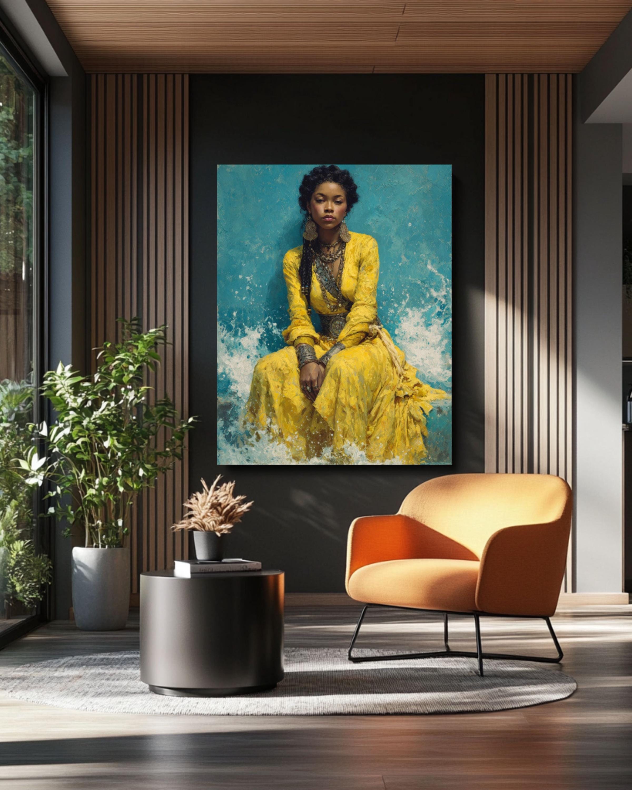 African Woman Canvas Art â€“ Yellow Dress, Ocean Waves, Silver Jewelry Canvas Wall Art Print – Premium Home Decor