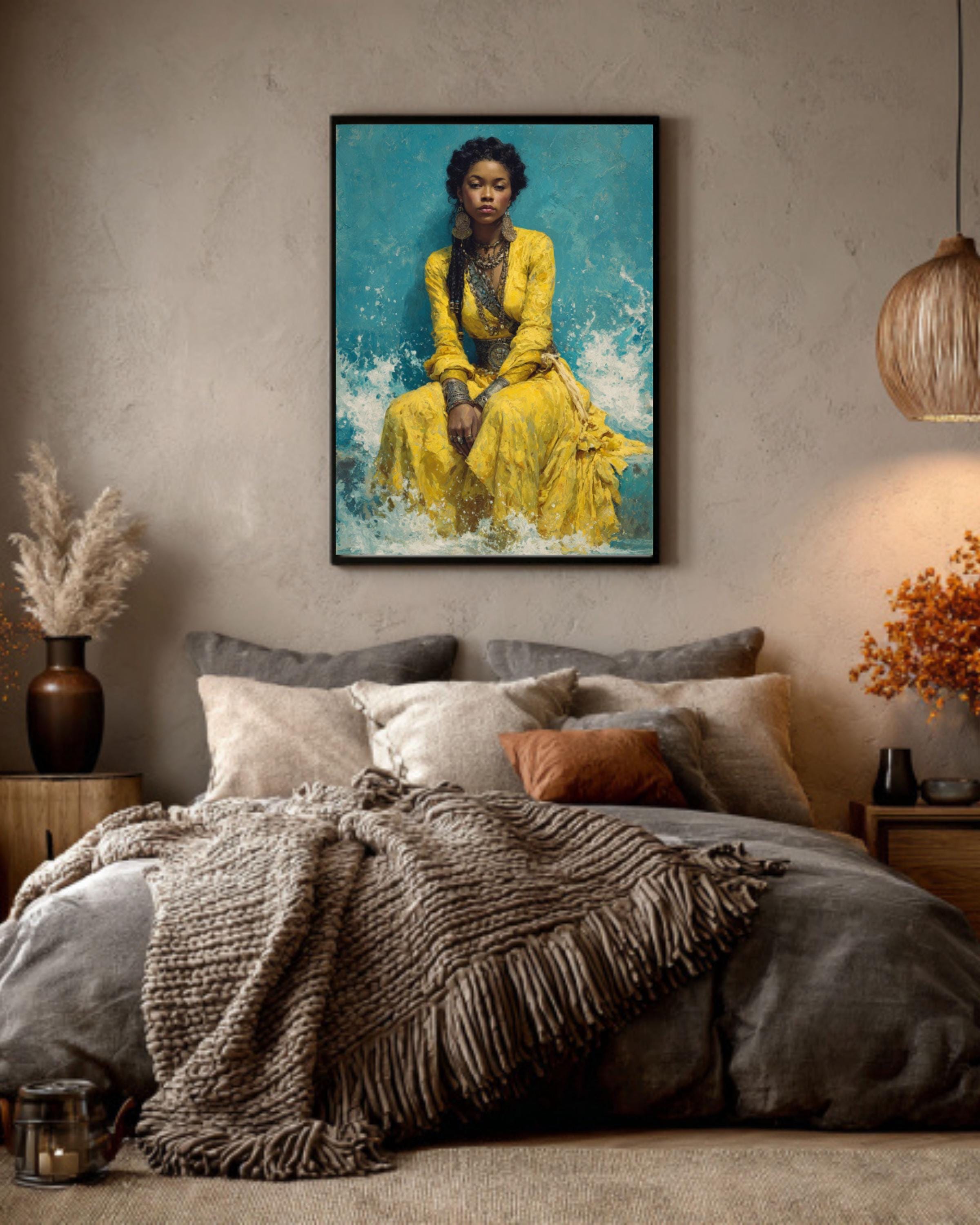 African Woman Canvas Art â€“ Yellow Dress, Ocean Waves, Silver Jewelry Canvas Wall Art Print – Premium Home Decor