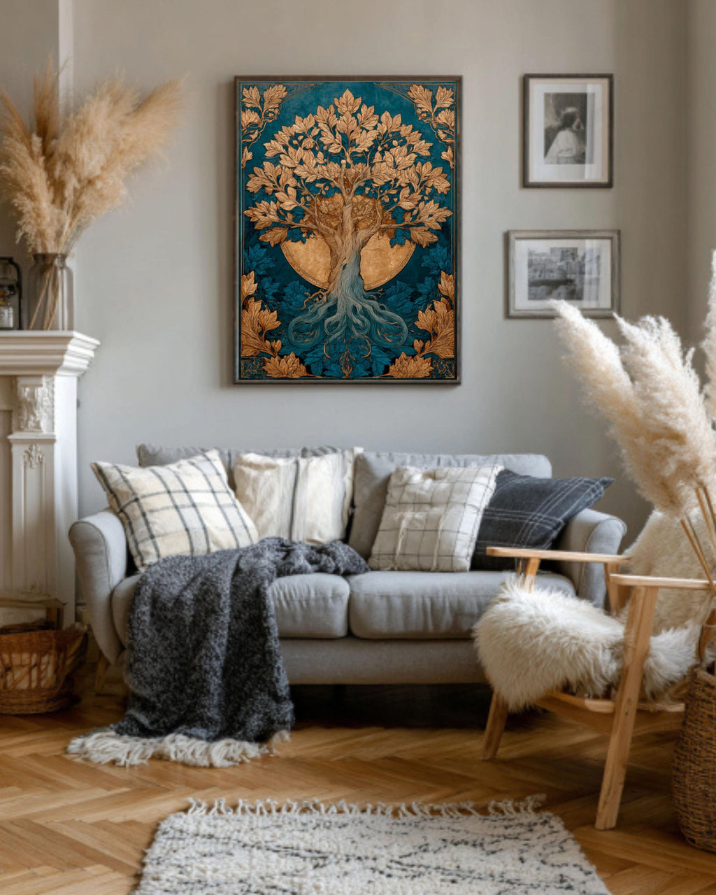 Sun & Moon Tree Art | Celestial Watercolor Canvas, Gold Accent