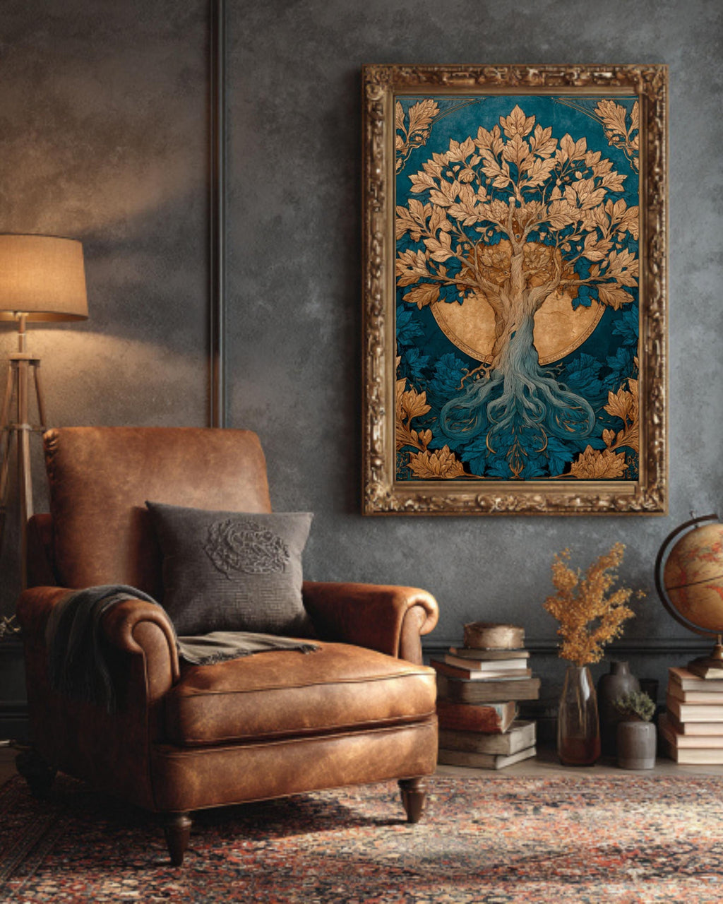 Sun & Moon Tree Art | Celestial Watercolor Canvas, Gold Accent