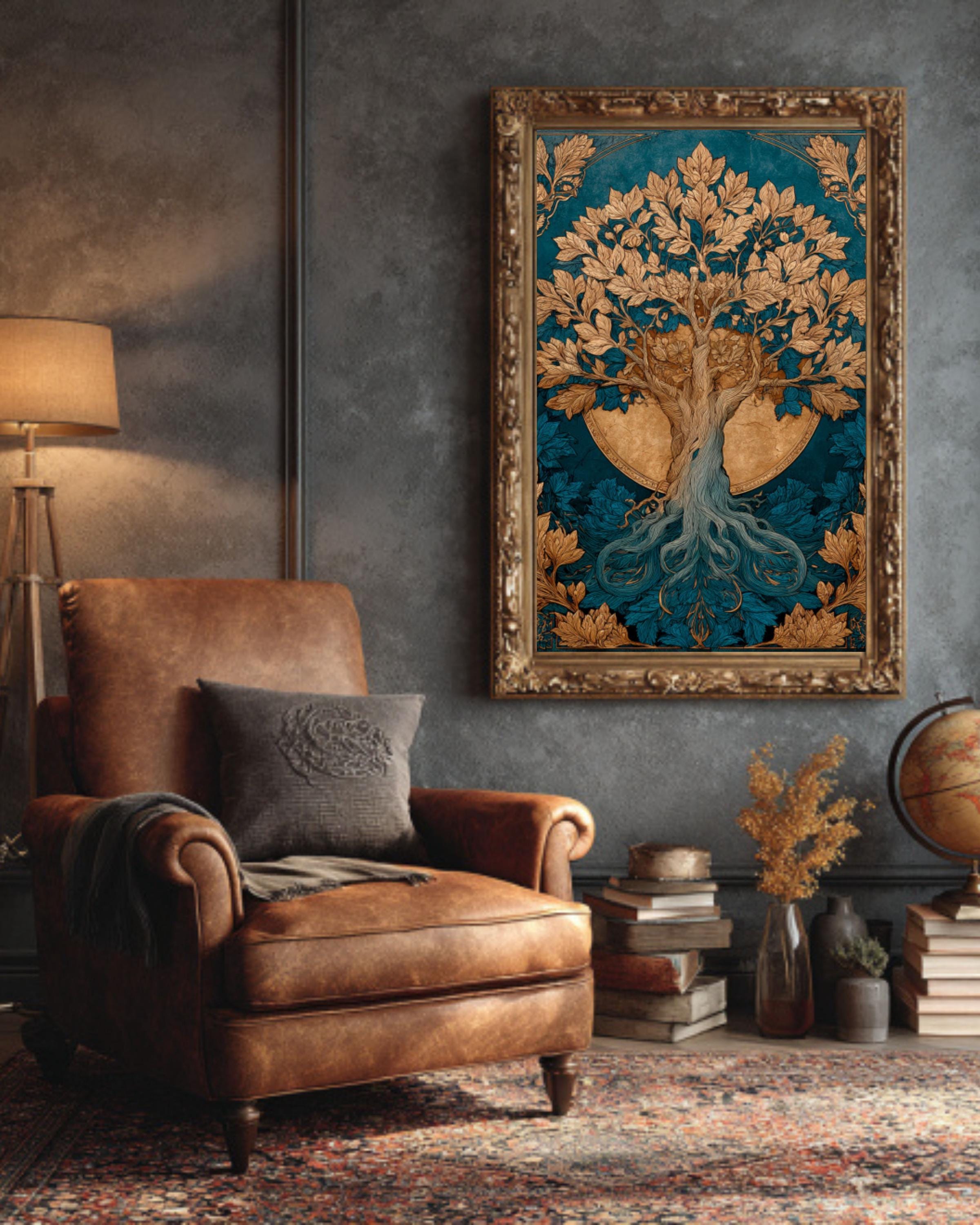 Sun & Moon Tree Art | Celestial Watercolor Canvas, Gold Accent