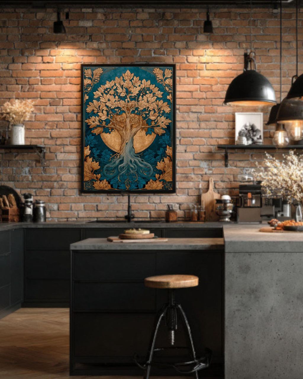 Sun & Moon Tree Art | Celestial Watercolor Canvas, Gold Accent