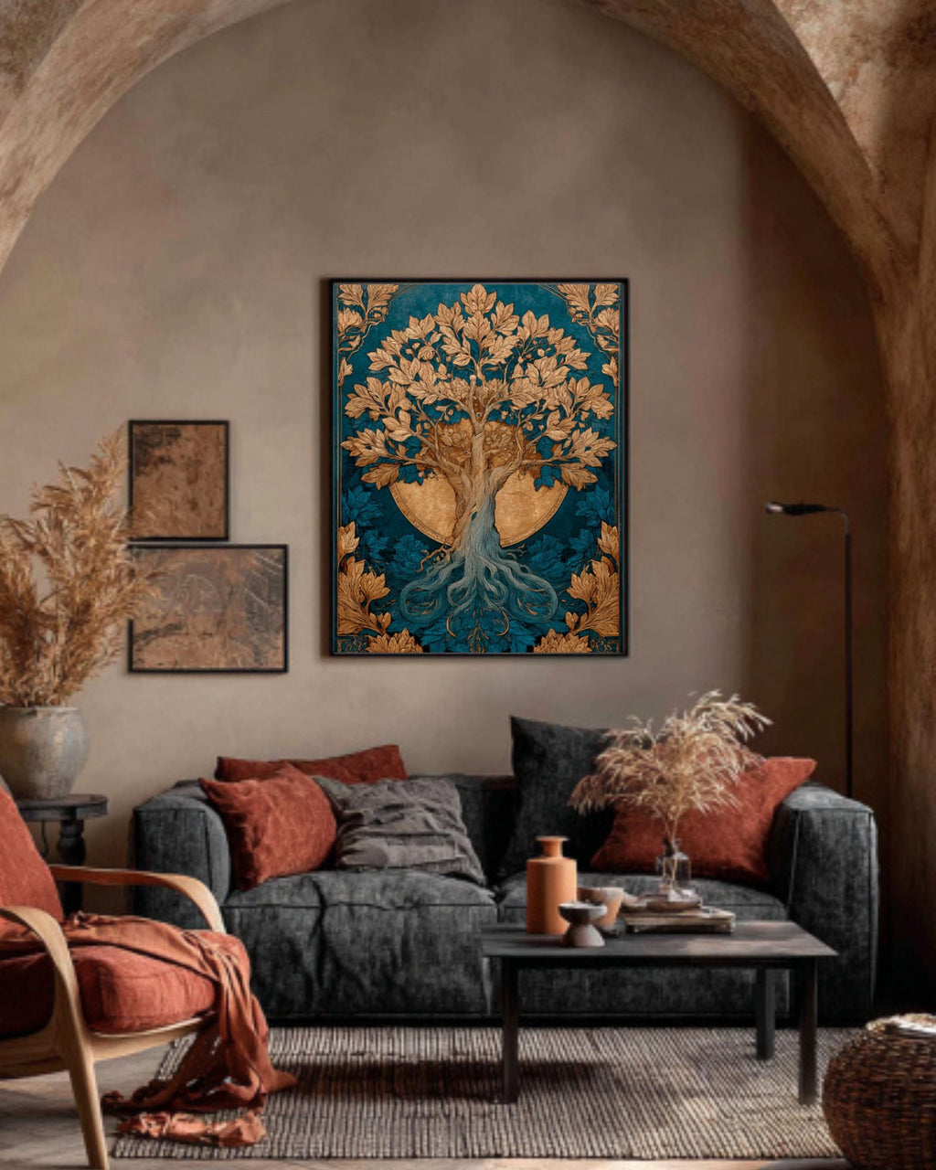 Sun & Moon Tree Art | Celestial Watercolor Canvas, Gold Accent