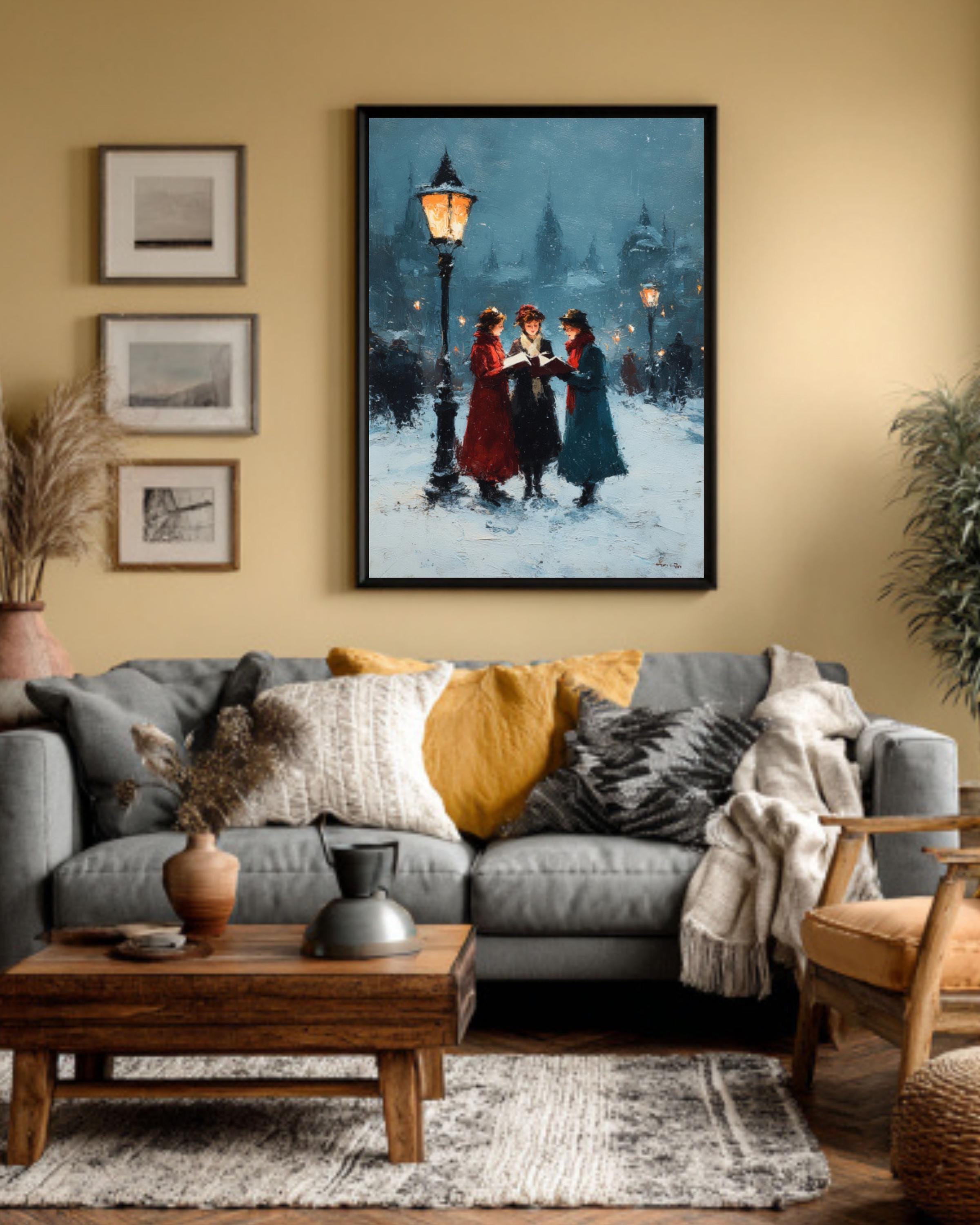 Victorian Christmas Carolers Art Print â€“ Vintage Winter Night Scene Canvas Wall Art – Modern Decor Print