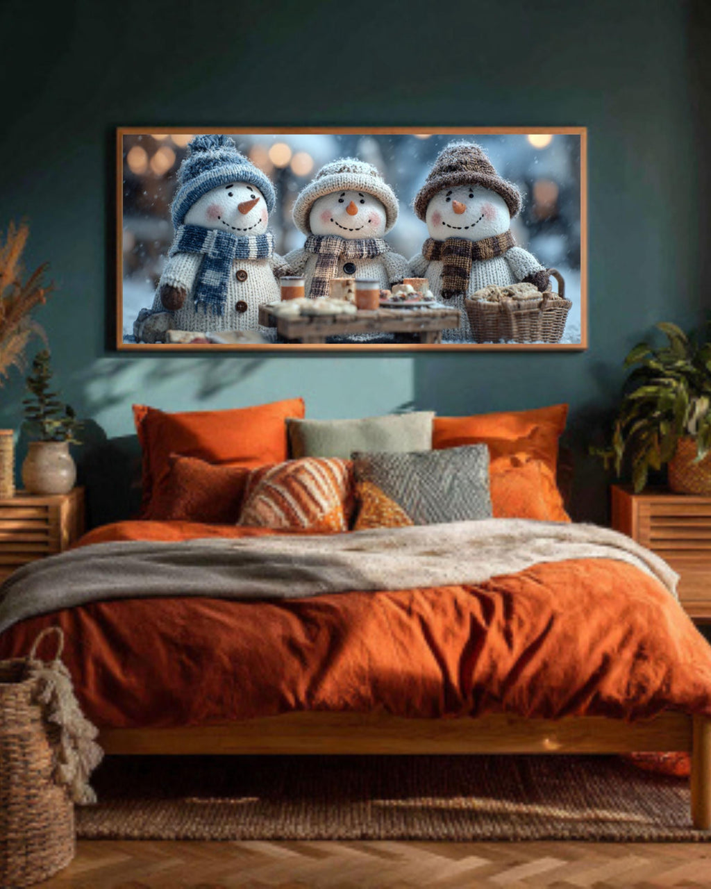 Snowman Picnic Canvas Print | Winter Holiday Wall Decor