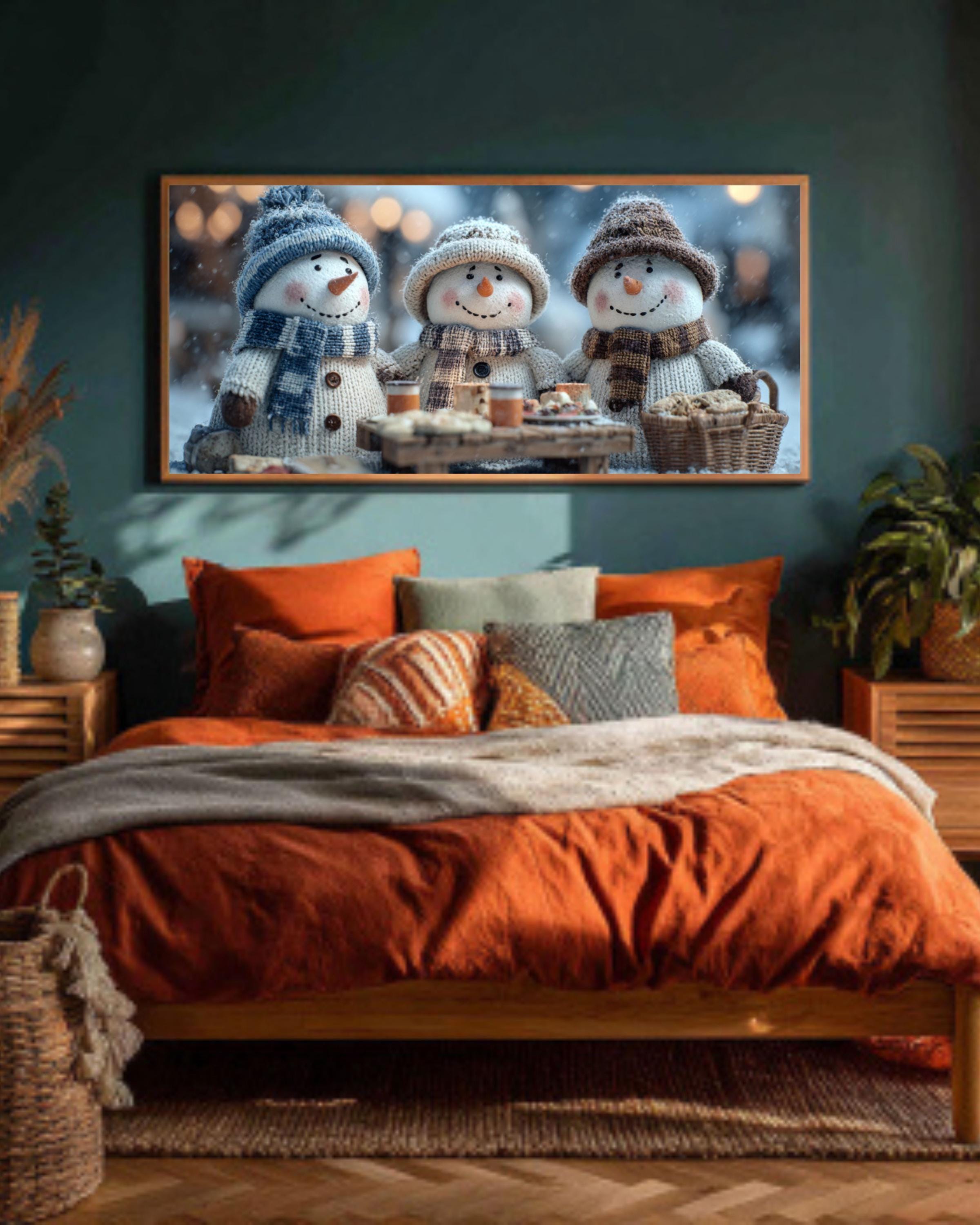 Snowman Picnic Canvas Print | Winter Holiday Wall Decor