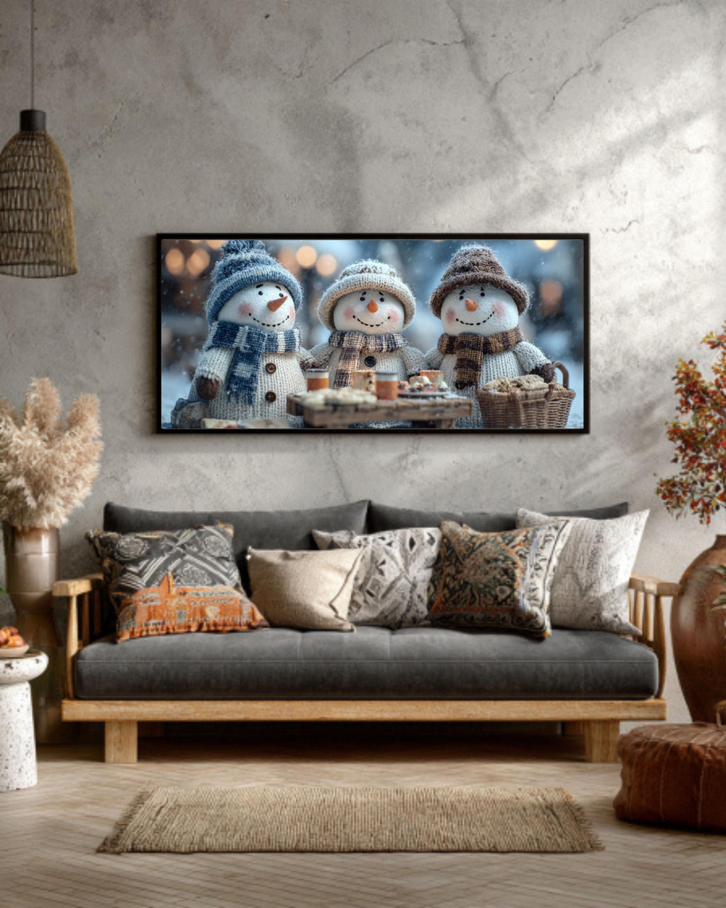 Snowman Picnic Canvas Print | Winter Holiday Wall Decor