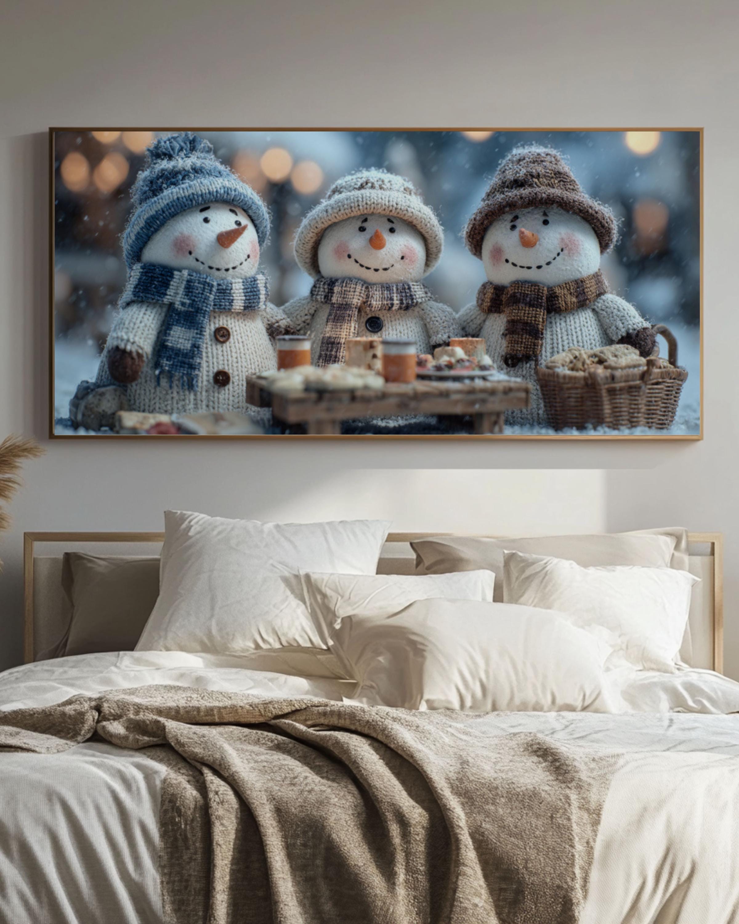 Snowman Picnic Canvas Print | Winter Holiday Wall Decor