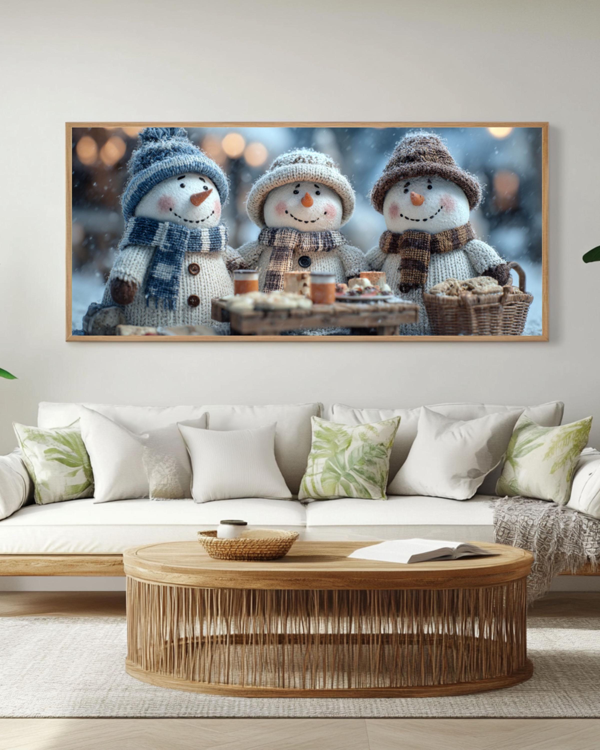 Snowman Picnic Canvas Print | Winter Holiday Wall Decor