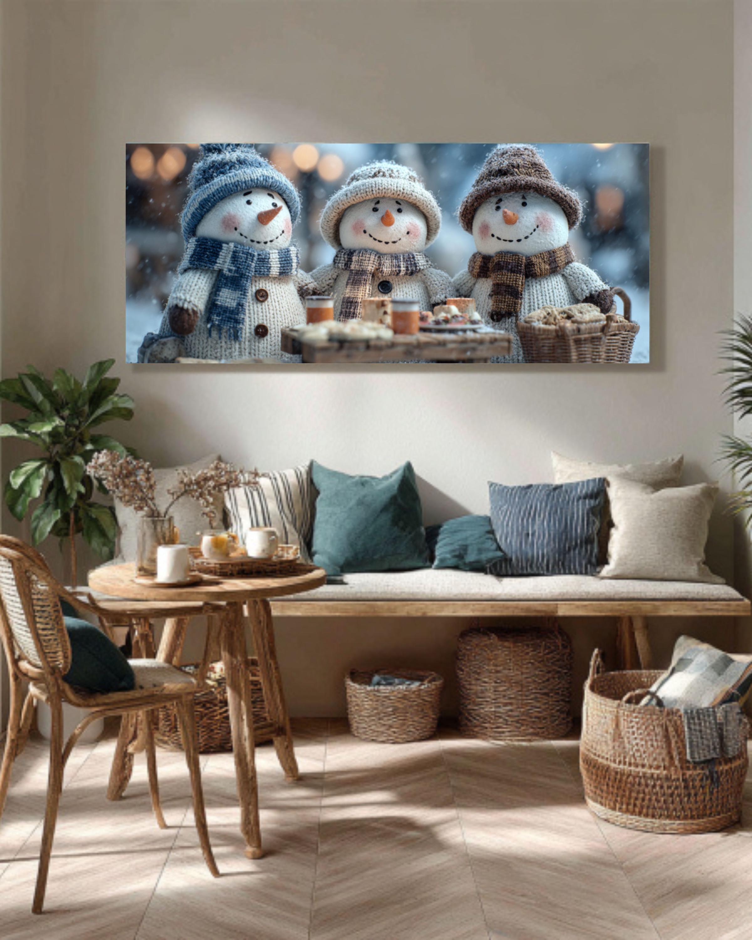 Snowman Picnic Canvas Print | Winter Holiday Wall Decor