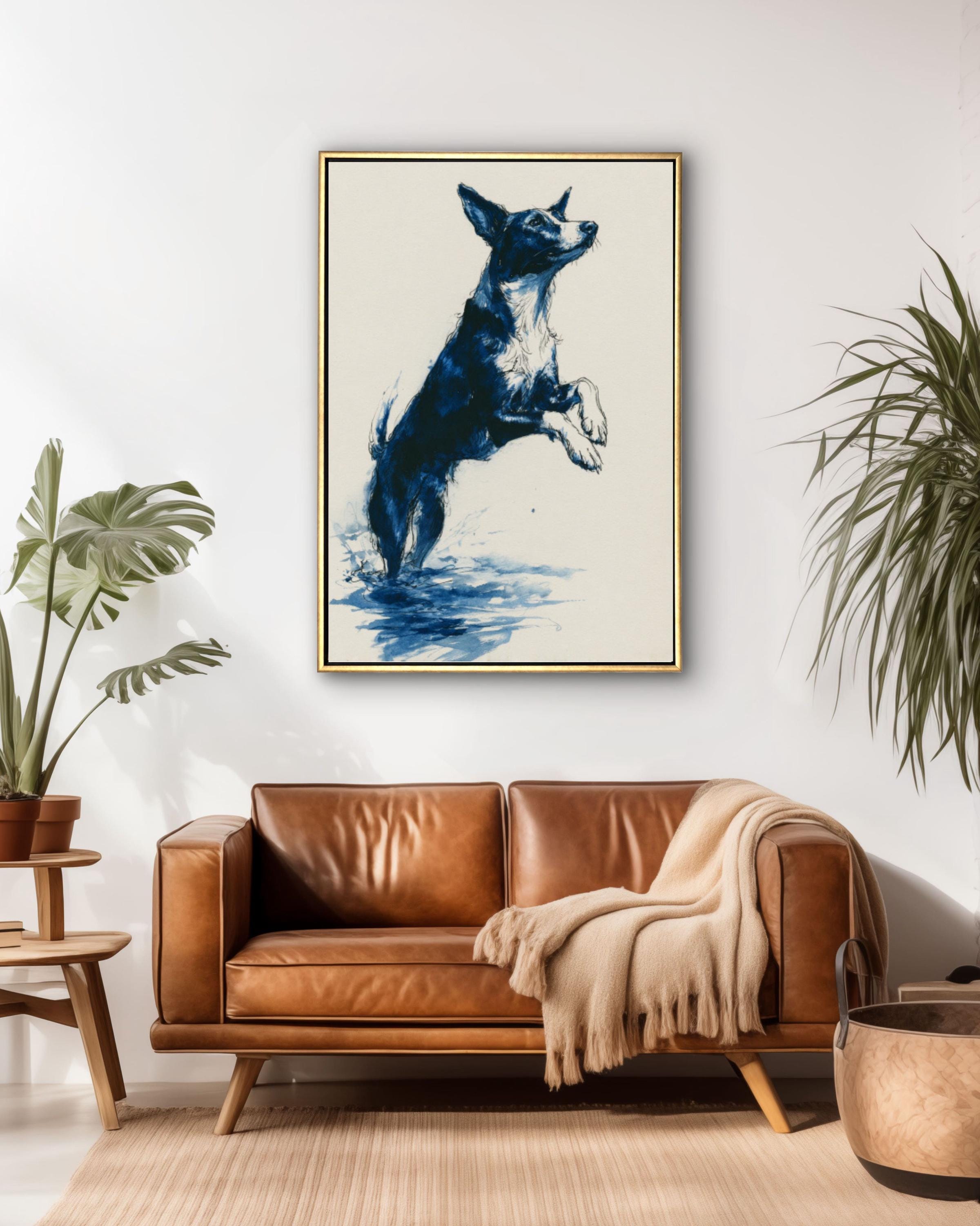 Dog Dock Jump Art | Minimalist Black Ink Drawing, Navy Accents