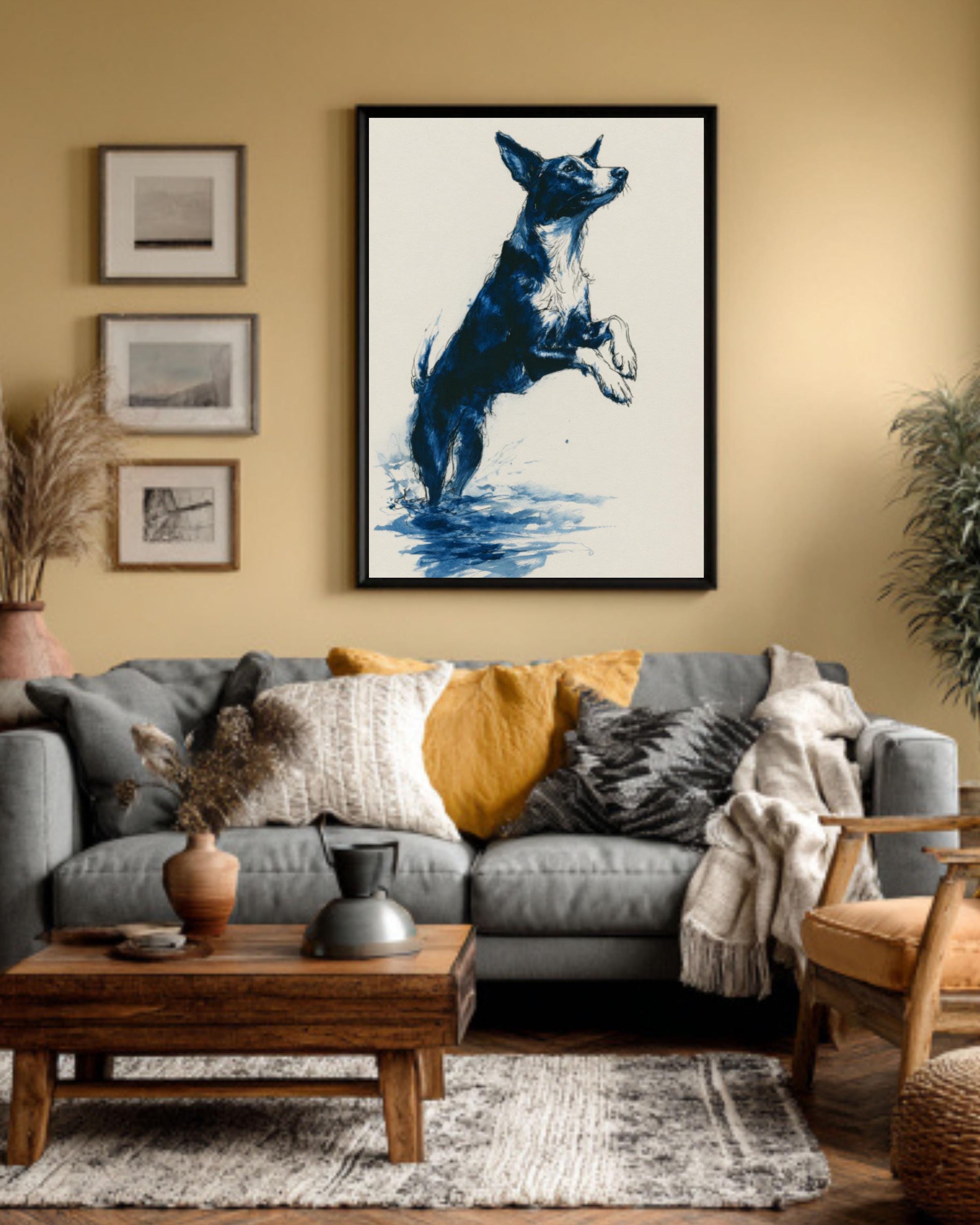 Dog Dock Jump Art | Minimalist Black Ink Drawing, Navy Accents