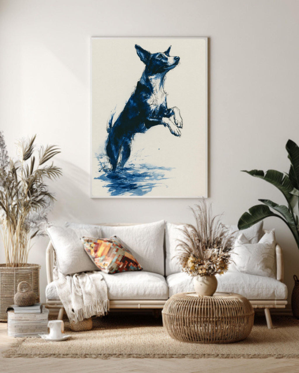 Dog Dock Jump Art | Minimalist Black Ink Drawing, Navy Accents