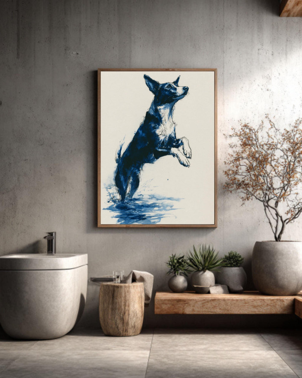 Dog Dock Jump Art | Minimalist Black Ink Drawing, Navy Accents