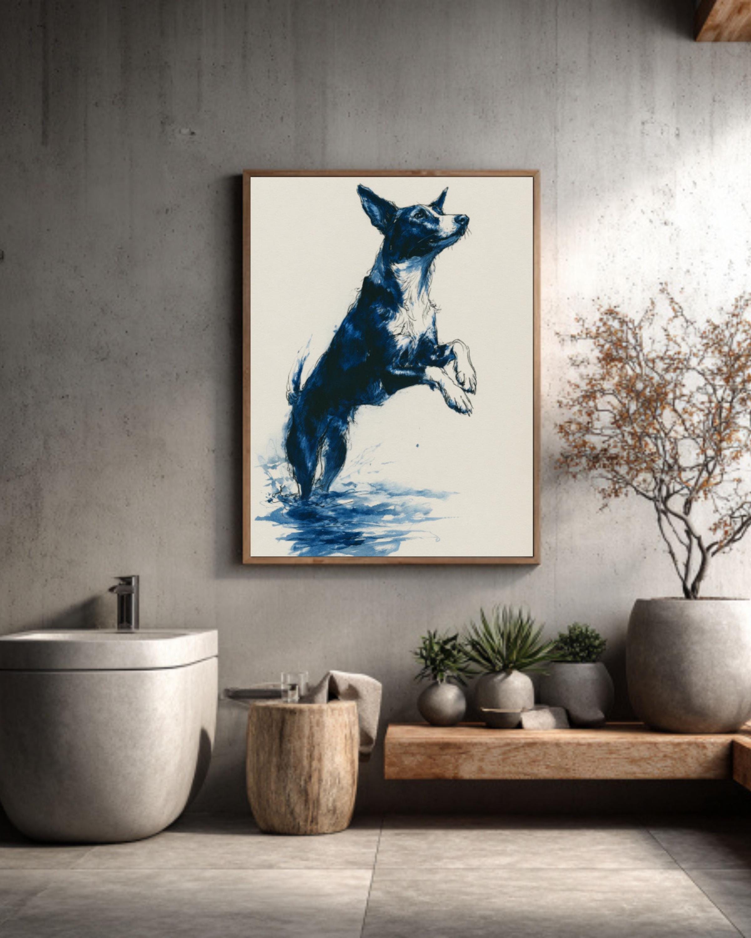 Dog Dock Jump Art | Minimalist Black Ink Drawing, Navy Accents