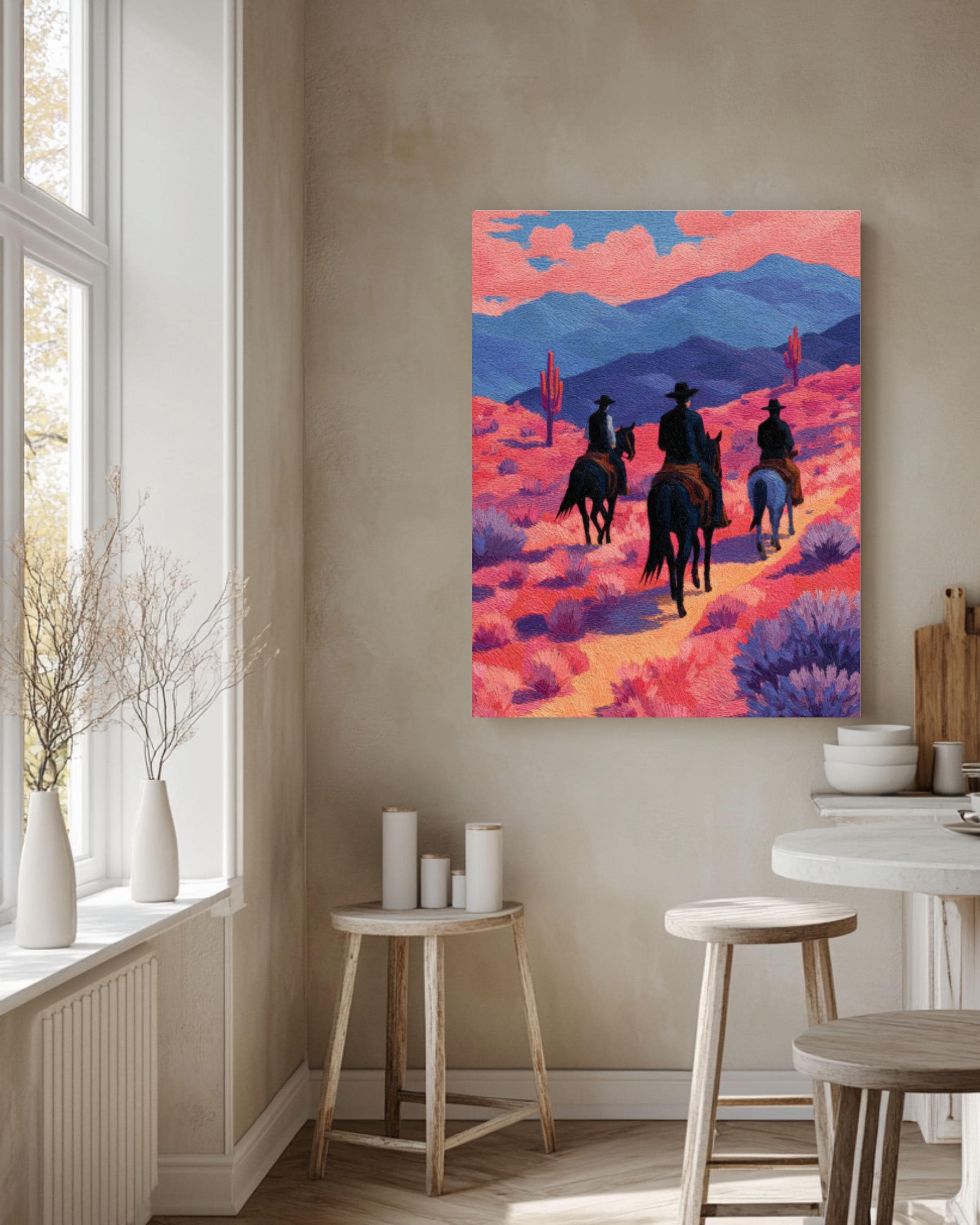 Cowboy Desert Canvas Print â€“ Black Horses, Pink Landscape, Modern Western Art Canvas Wall Art – Modern Decor Print