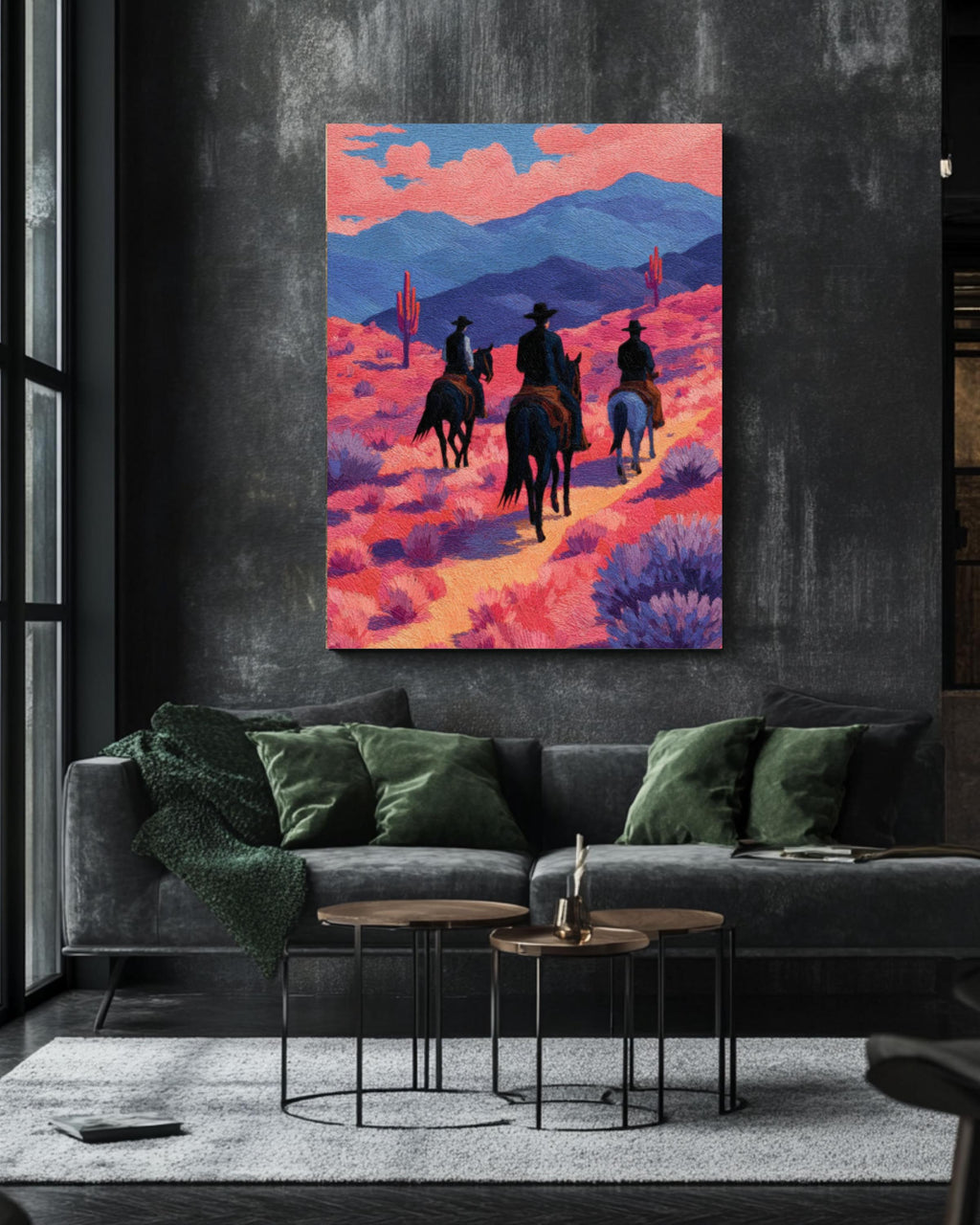 Cowboy Desert Canvas Print â€“ Black Horses, Pink Landscape, Modern Western Art Canvas Wall Art – Modern Decor Print