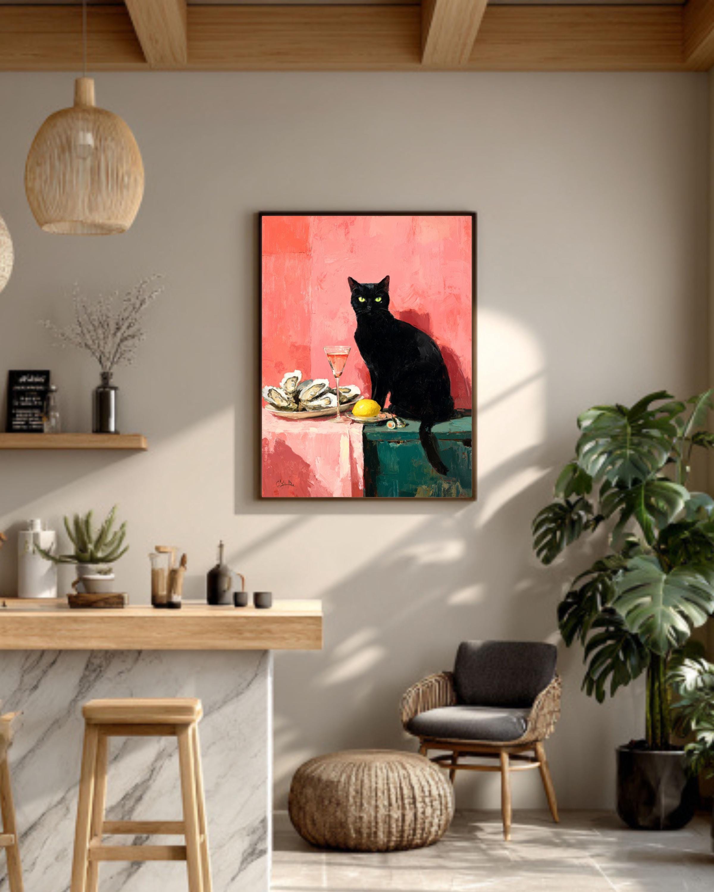 Black Cat & Oysters Art | Pink Oil Painting Style
