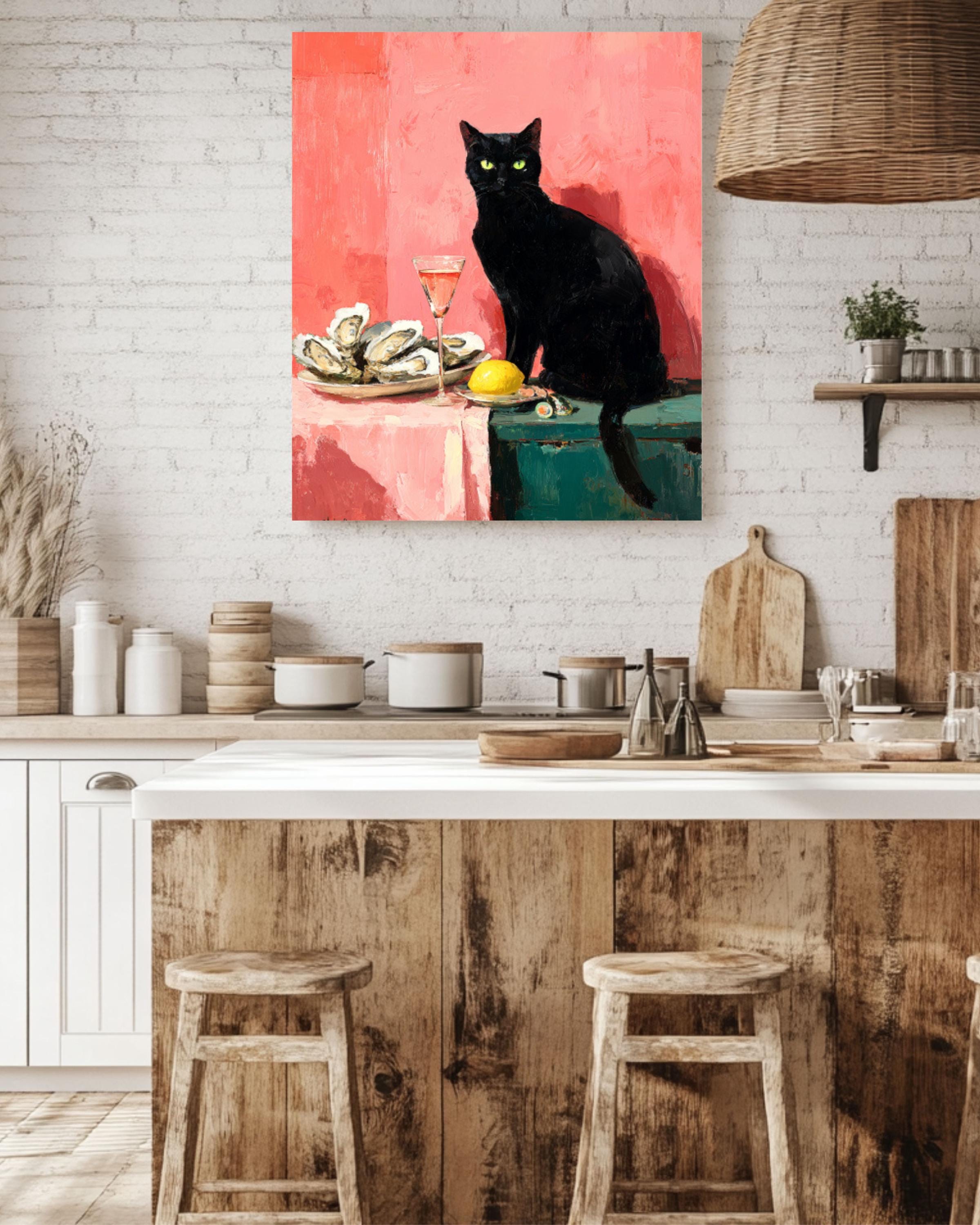 Black Cat & Oysters Art | Pink Oil Painting Style