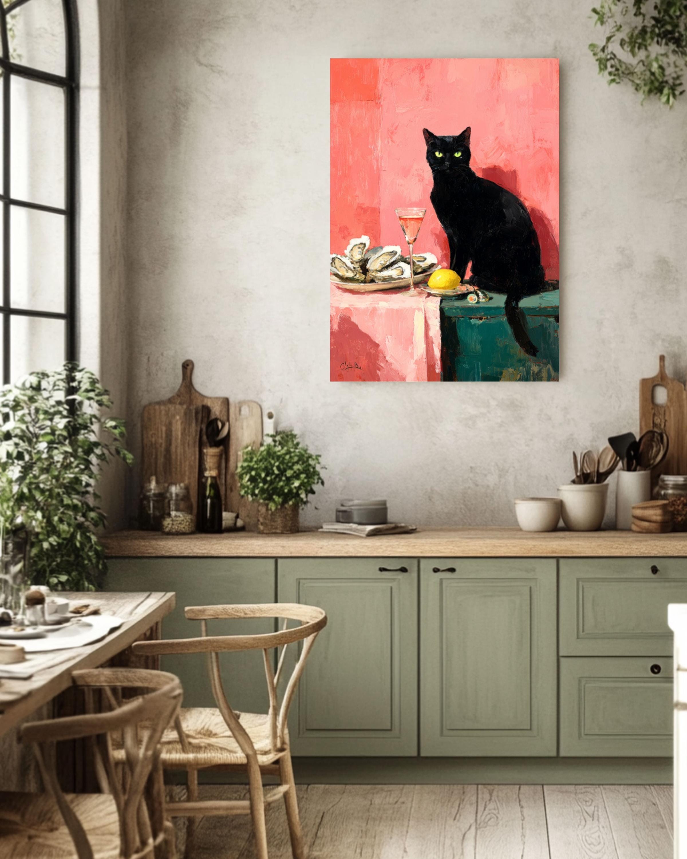 Black Cat & Oysters Art | Pink Oil Painting Style