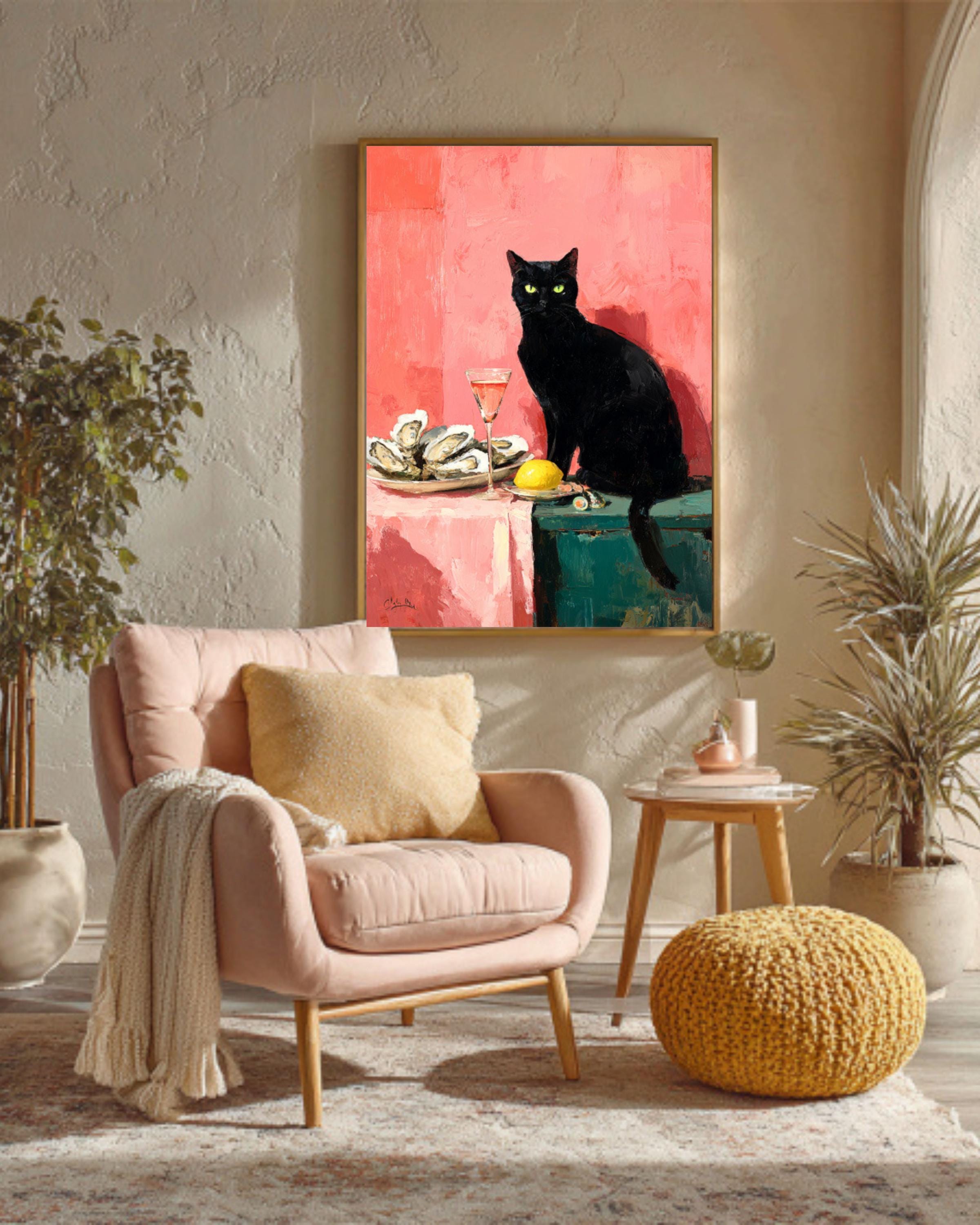 Black Cat & Oysters Art | Pink Oil Painting Style