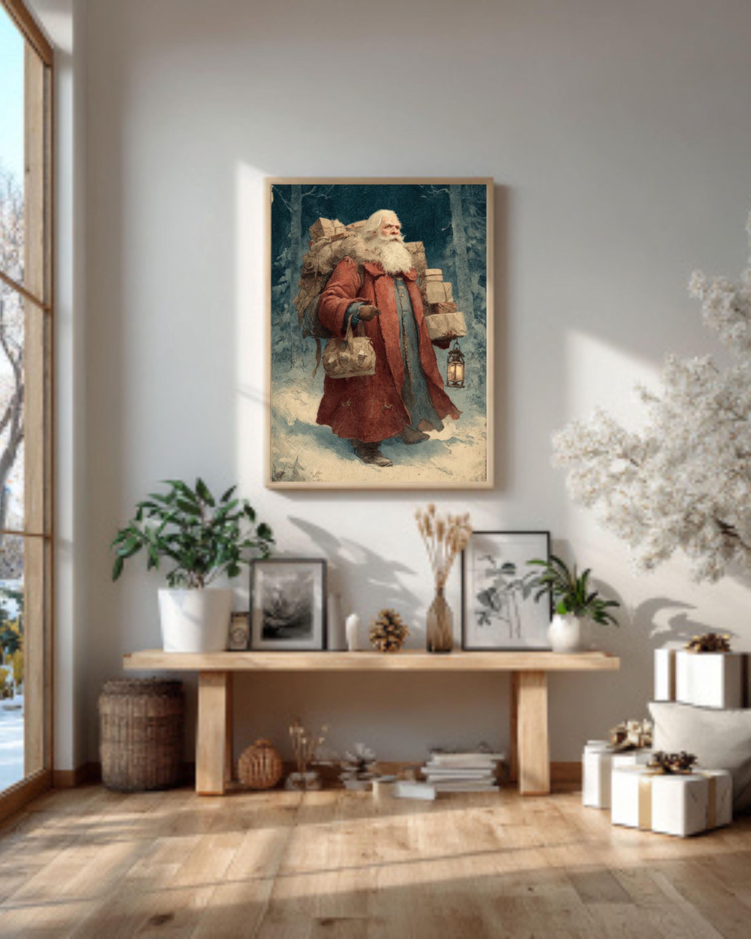Vintage Santa Claus Art Print | Snowy Forest
