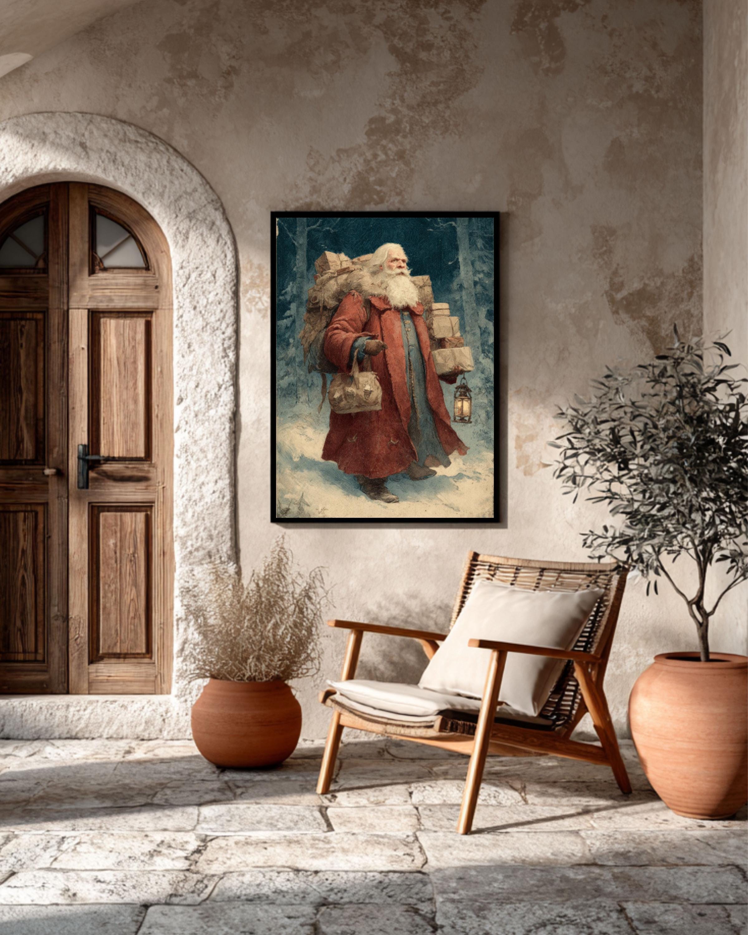 Vintage Santa Claus Art Print | Snowy Forest