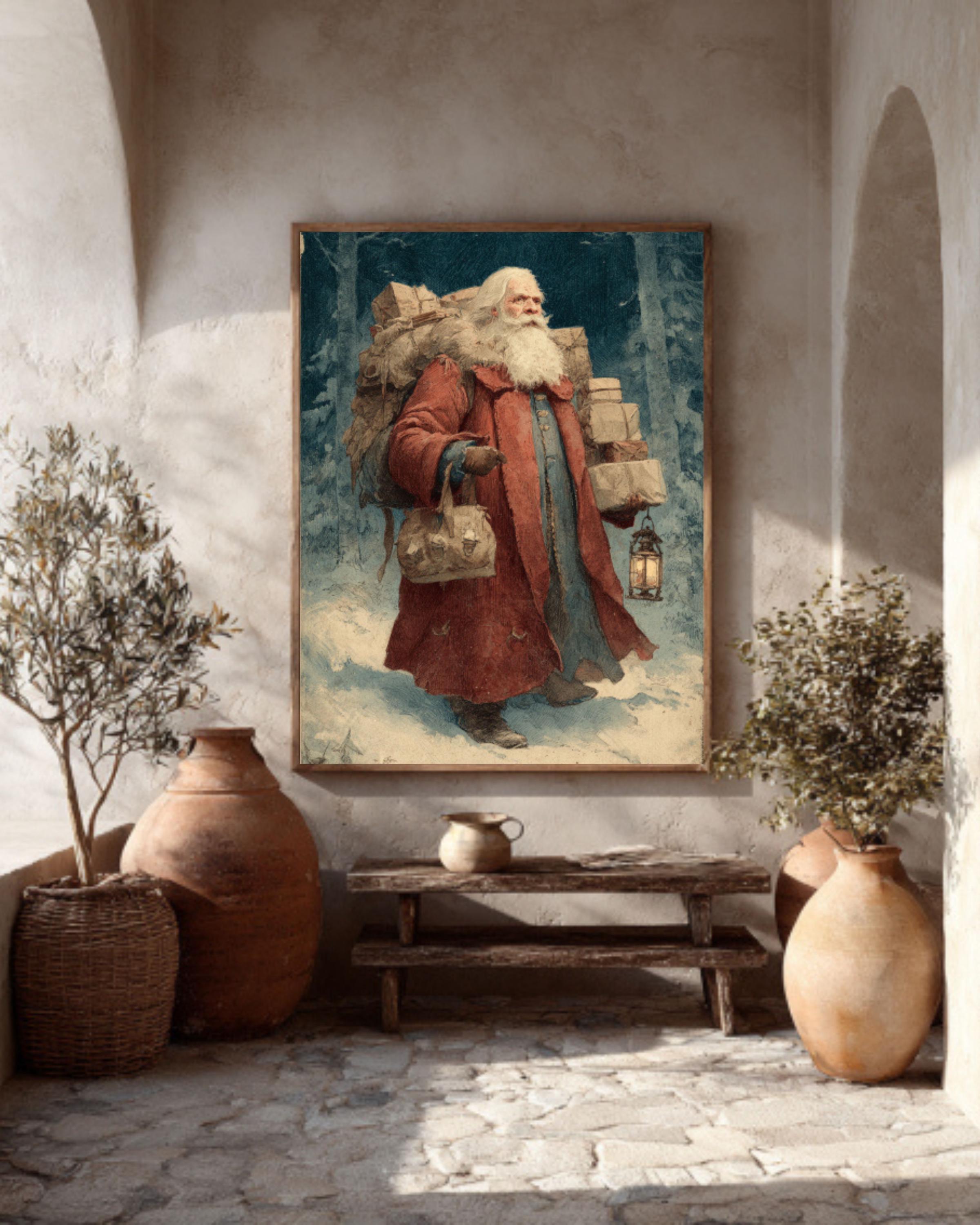 Vintage Santa Claus Art Print | Snowy Forest