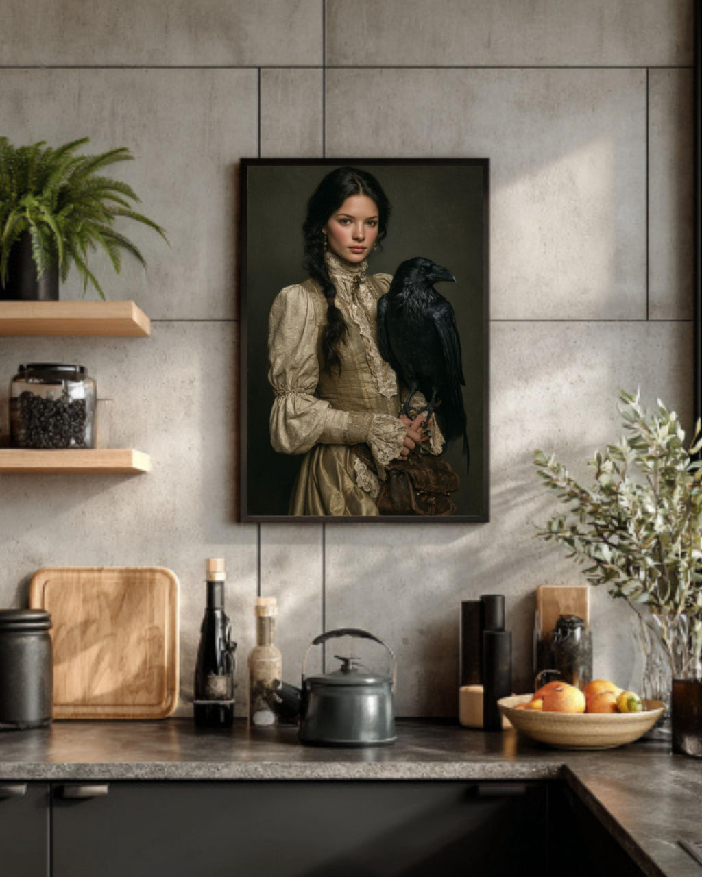 Woman with Raven Feathers Art | Dark Fantasy Oil Painting