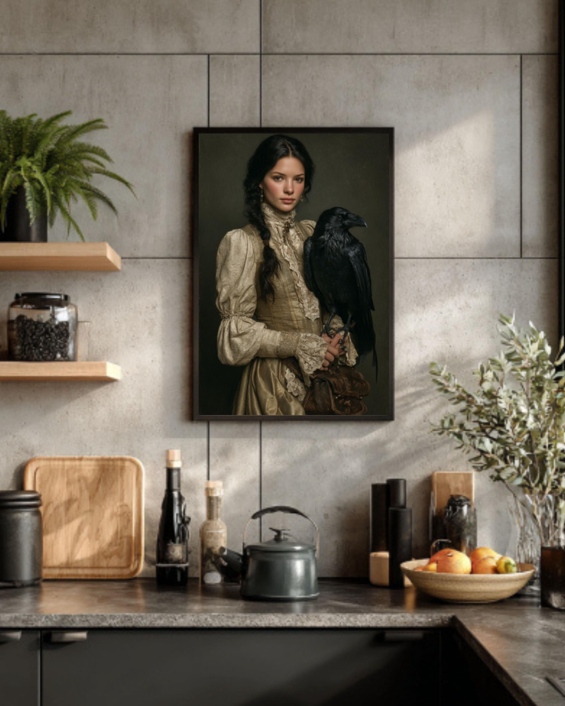 Woman with Raven Feathers Art | Dark Fantasy Oil Painting