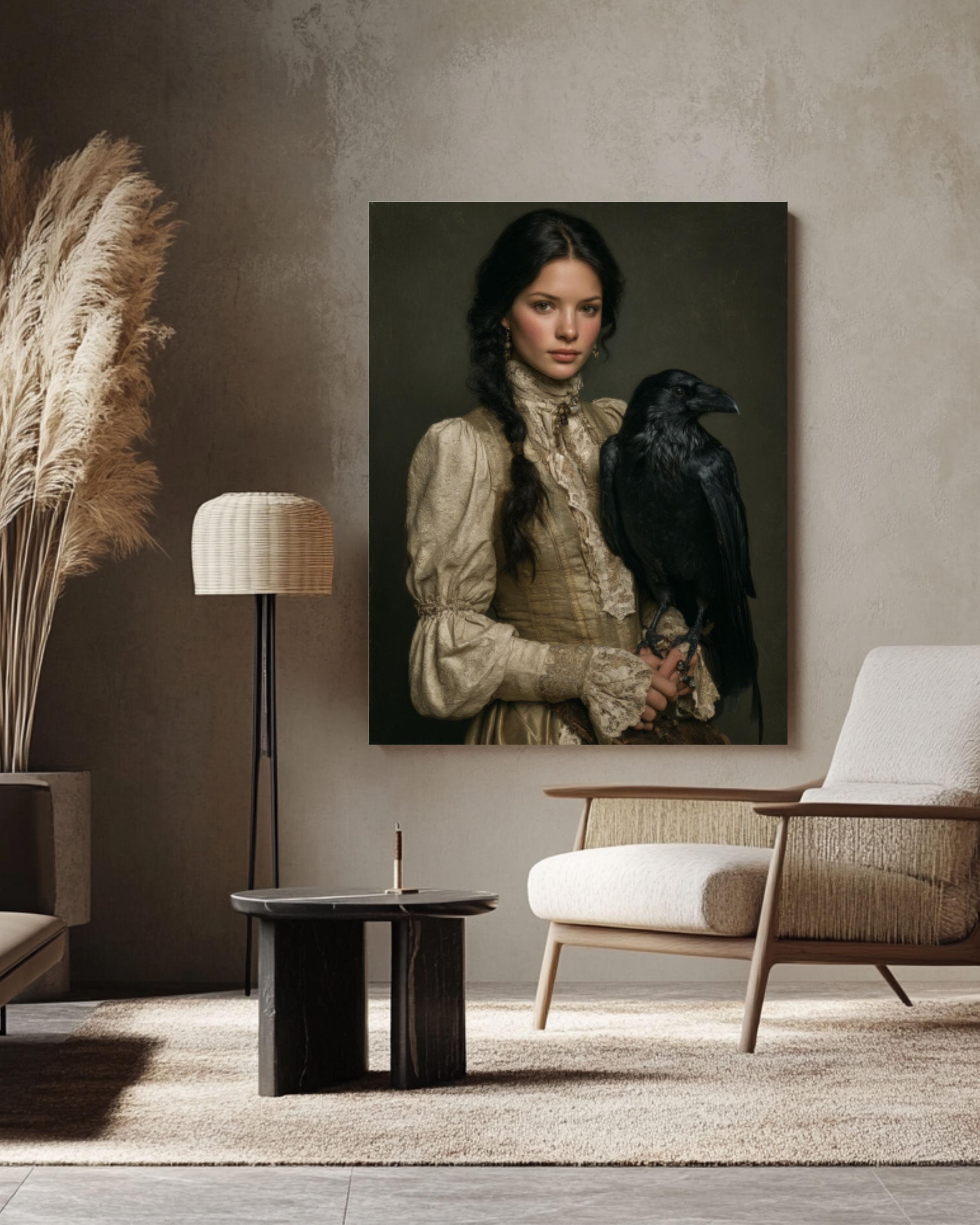 Woman with Raven Feathers Art | Dark Fantasy Oil Painting