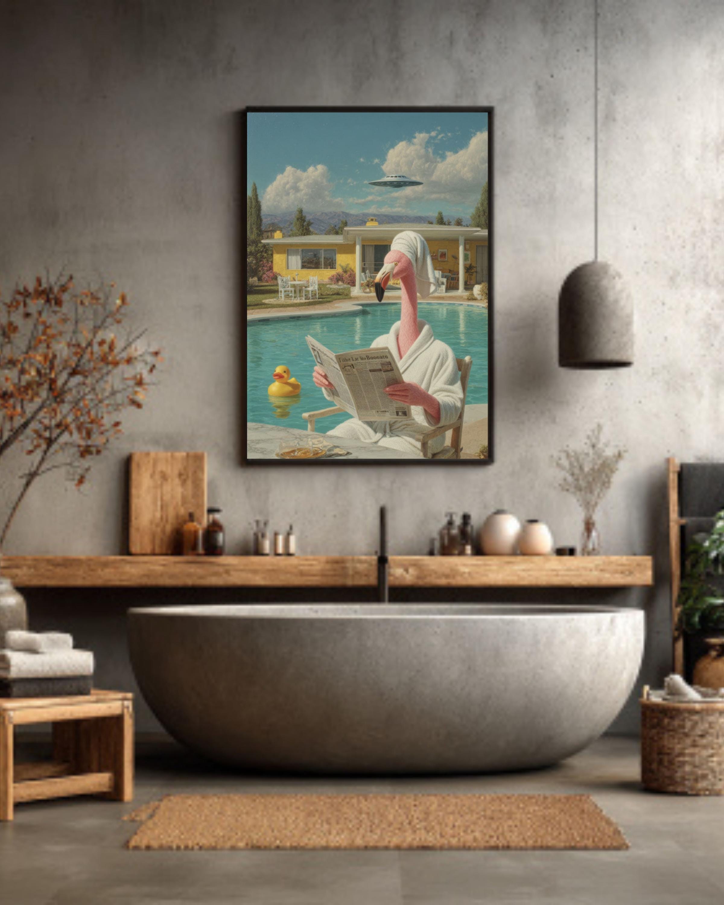 Funny Flamingo UFO Abduction Art | Surreal