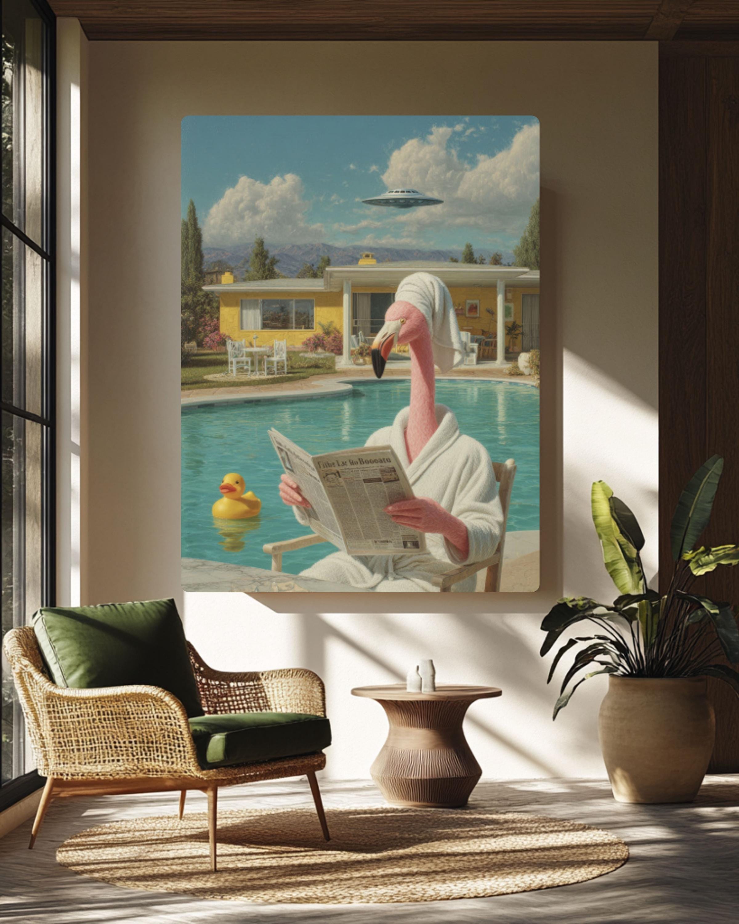 Funny Flamingo UFO Abduction Art | Surreal