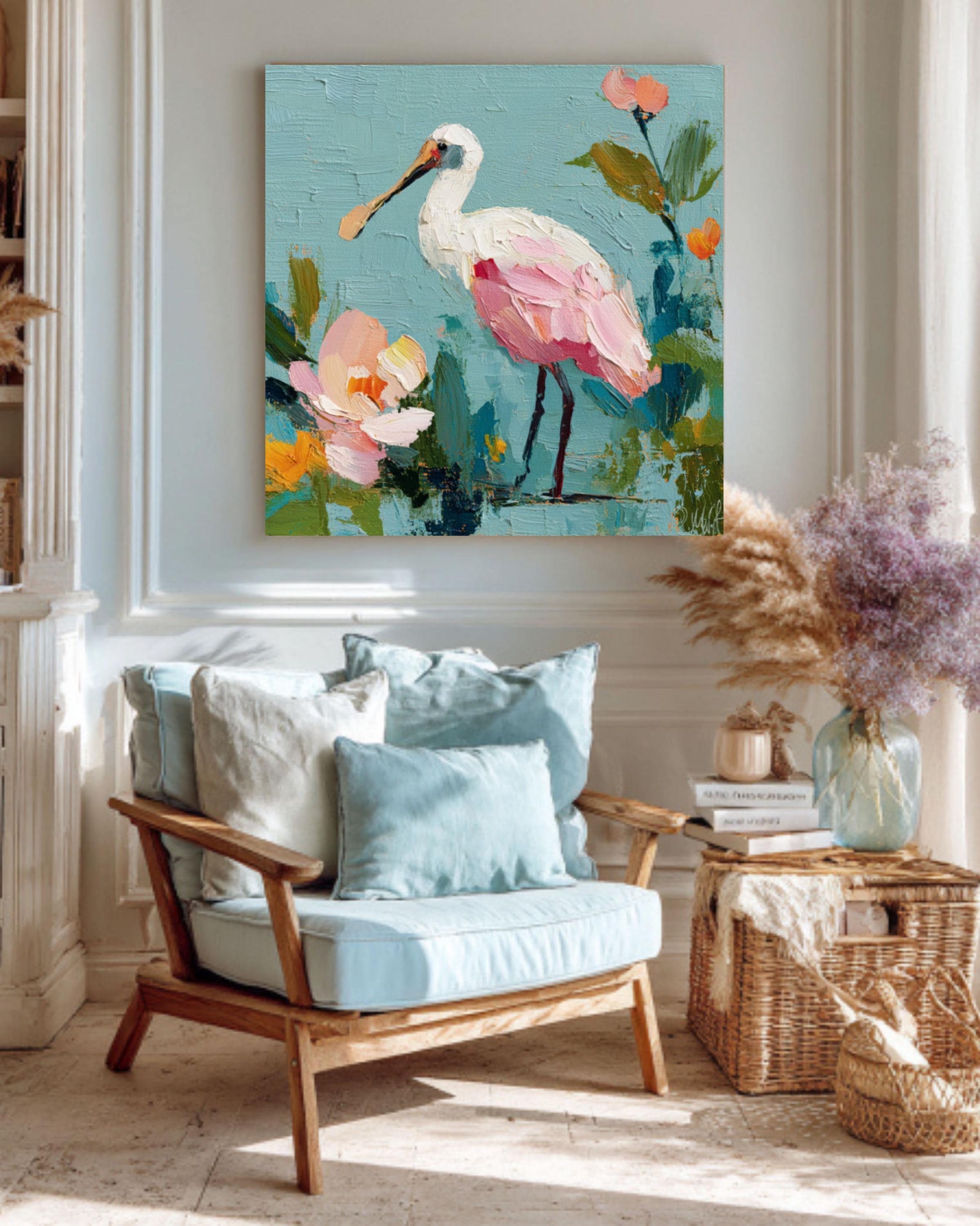 Pink Spoonbill Bird Art | Abstract Floral Pastel