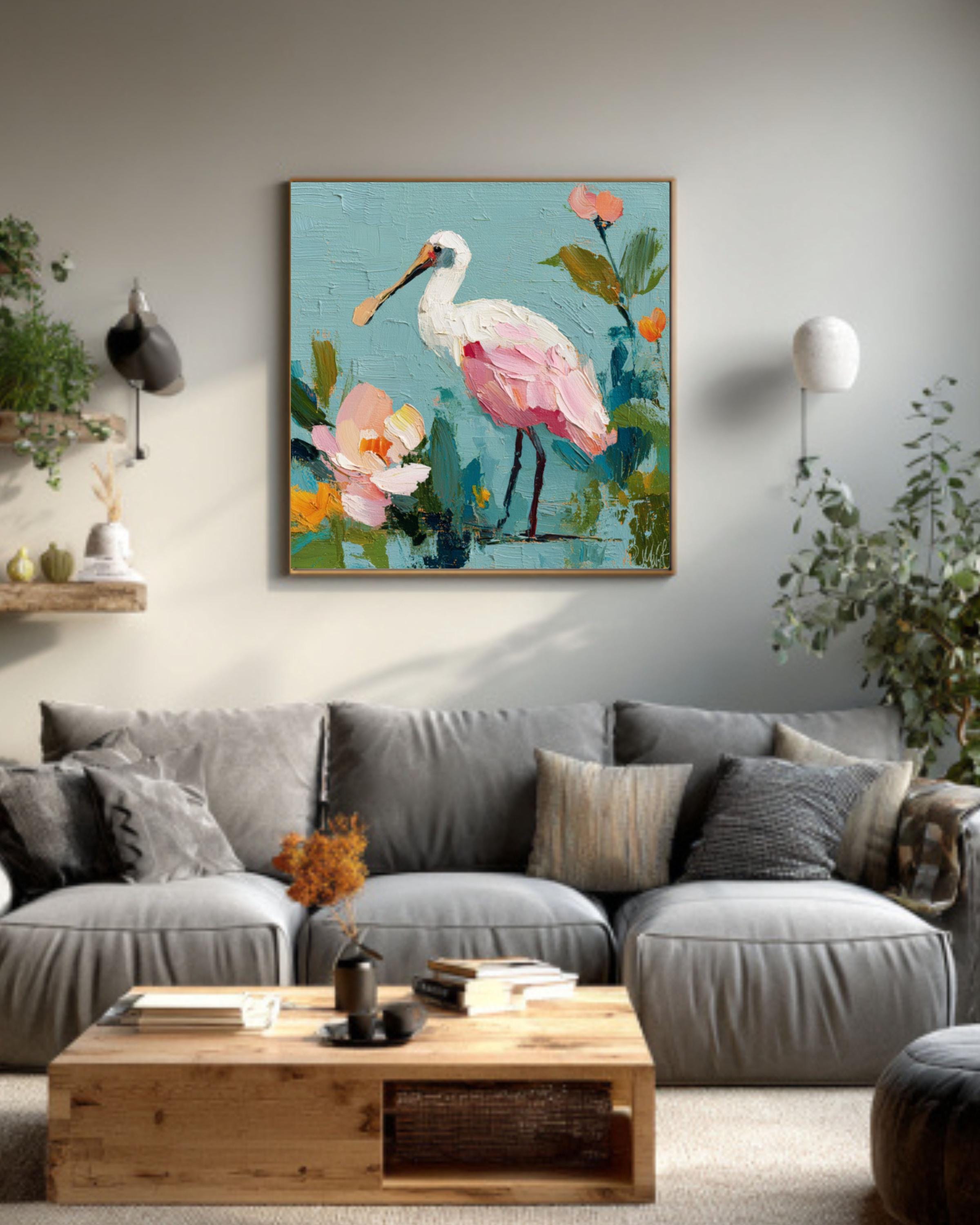 Pink Spoonbill Bird Art | Abstract Floral Pastel