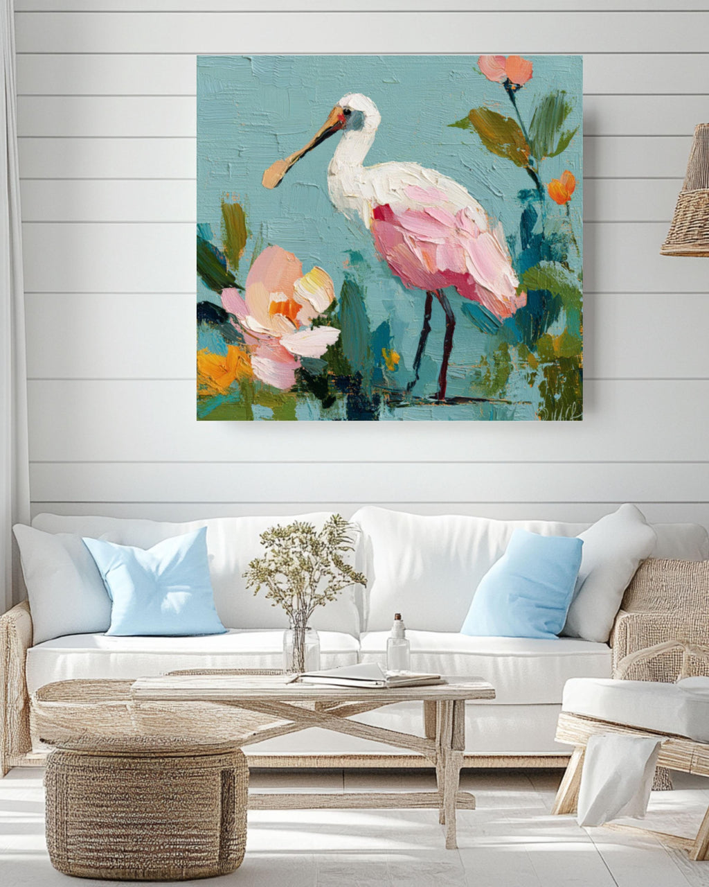 Pink Spoonbill Bird Art | Abstract Floral Pastel