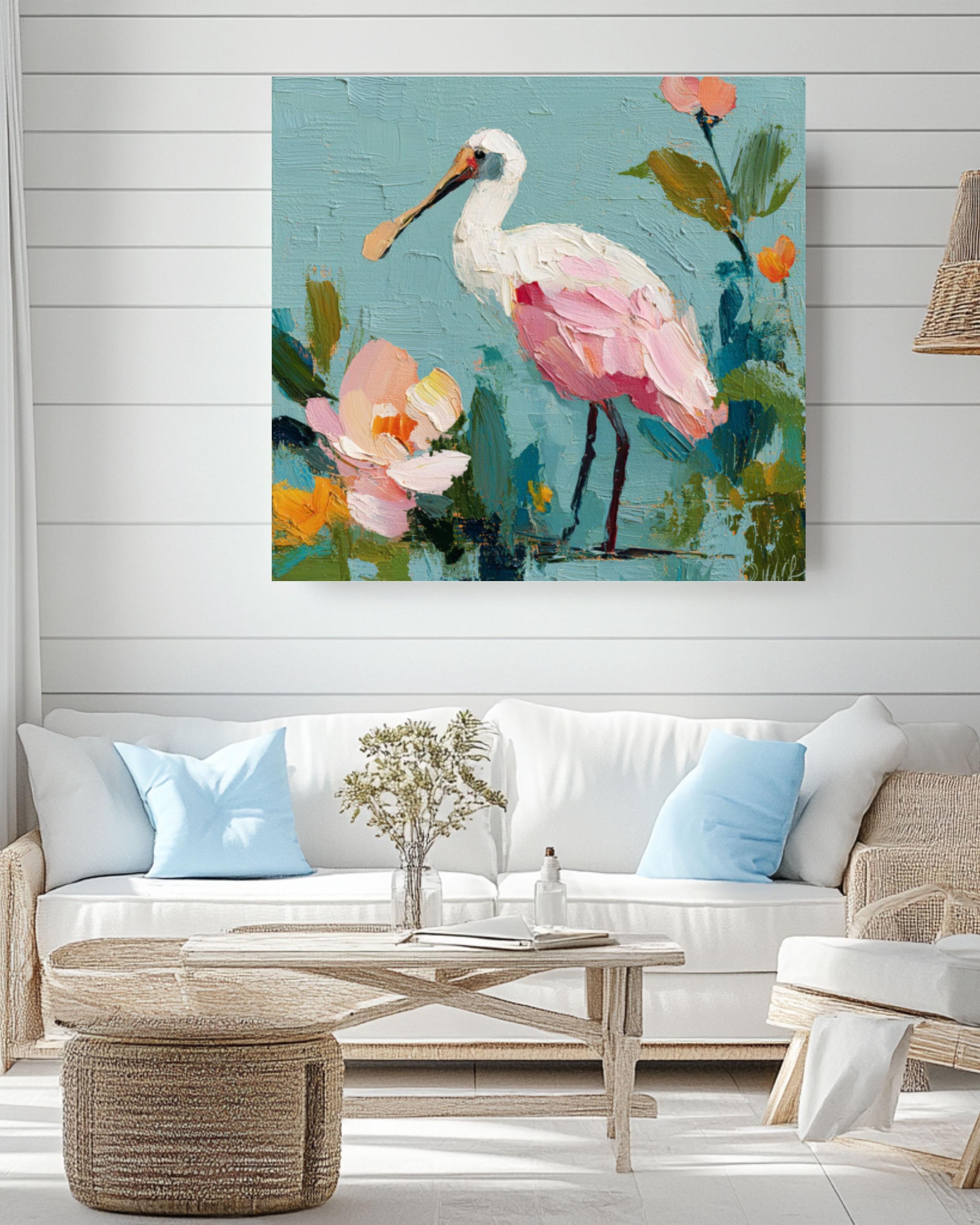 Pink Spoonbill Bird Art | Abstract Floral Pastel