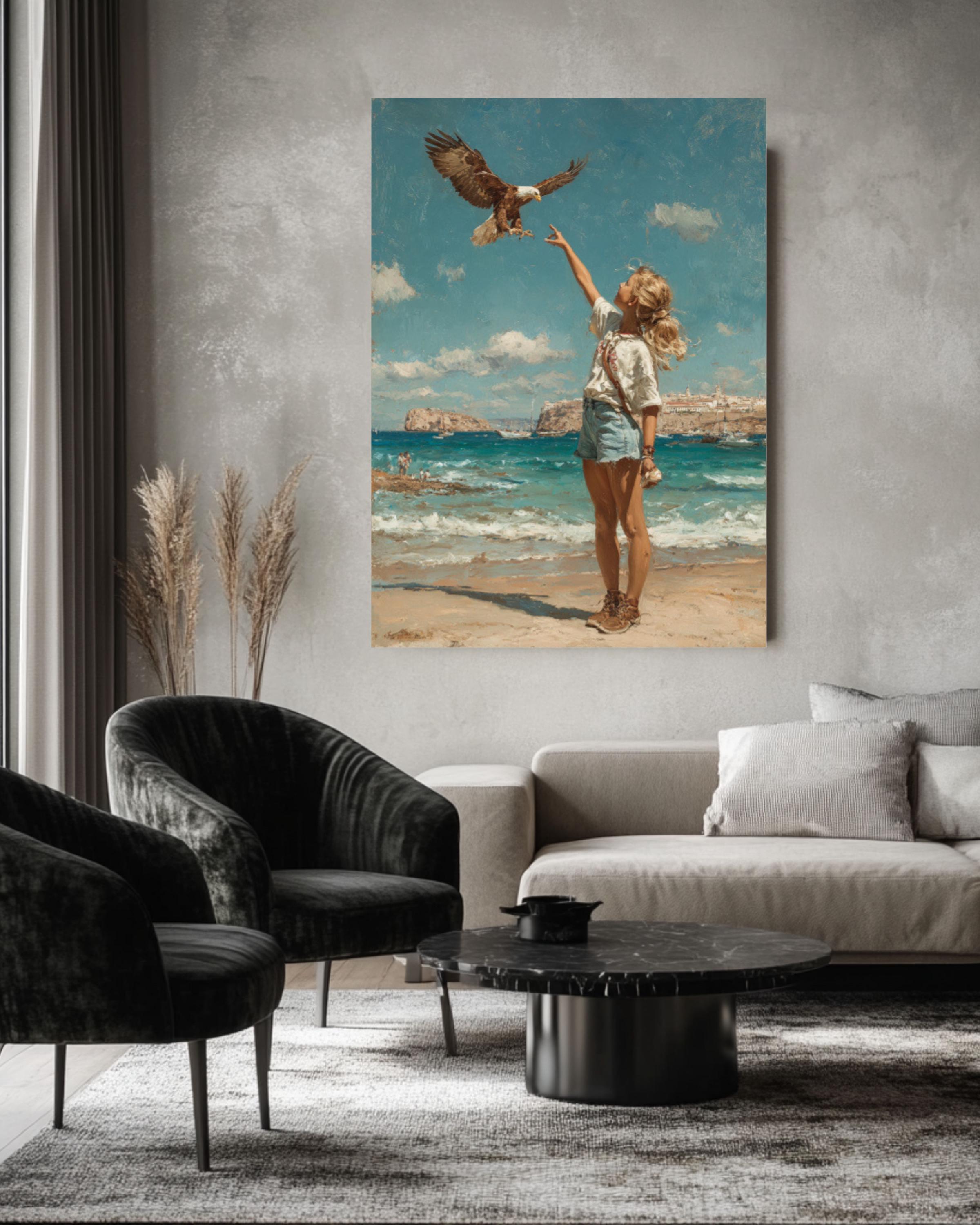 1970s Beach Art Print | Girl Feeding Eagle