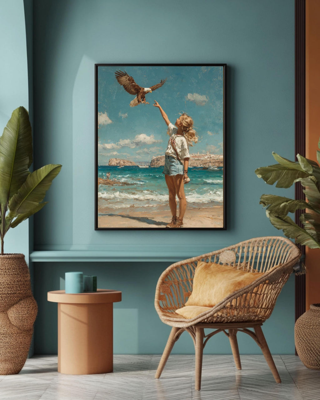 1970s Beach Art Print | Girl Feeding Eagle