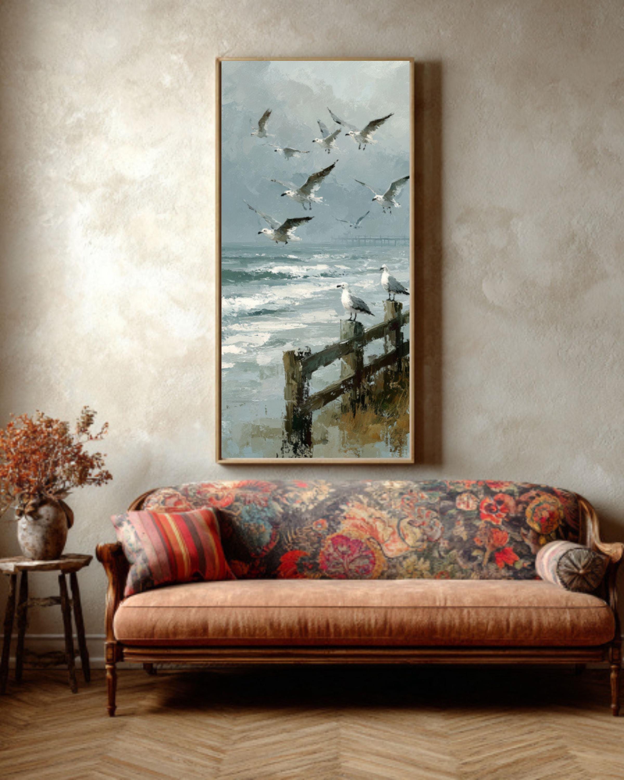 Vintage Seagulls Canvas Print | Foggy Coastal