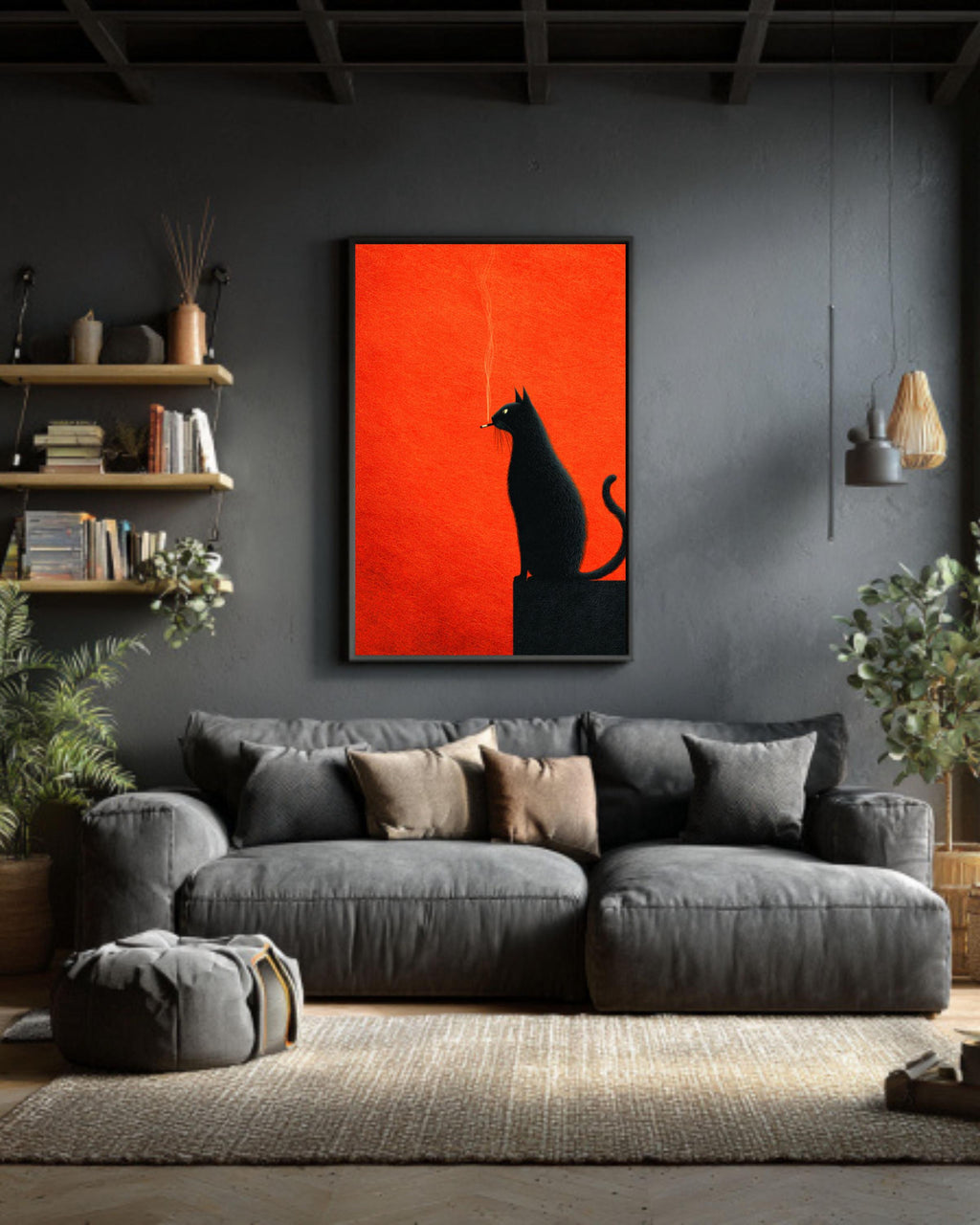 Black Cat Art Print | Retro Orange Minimalist