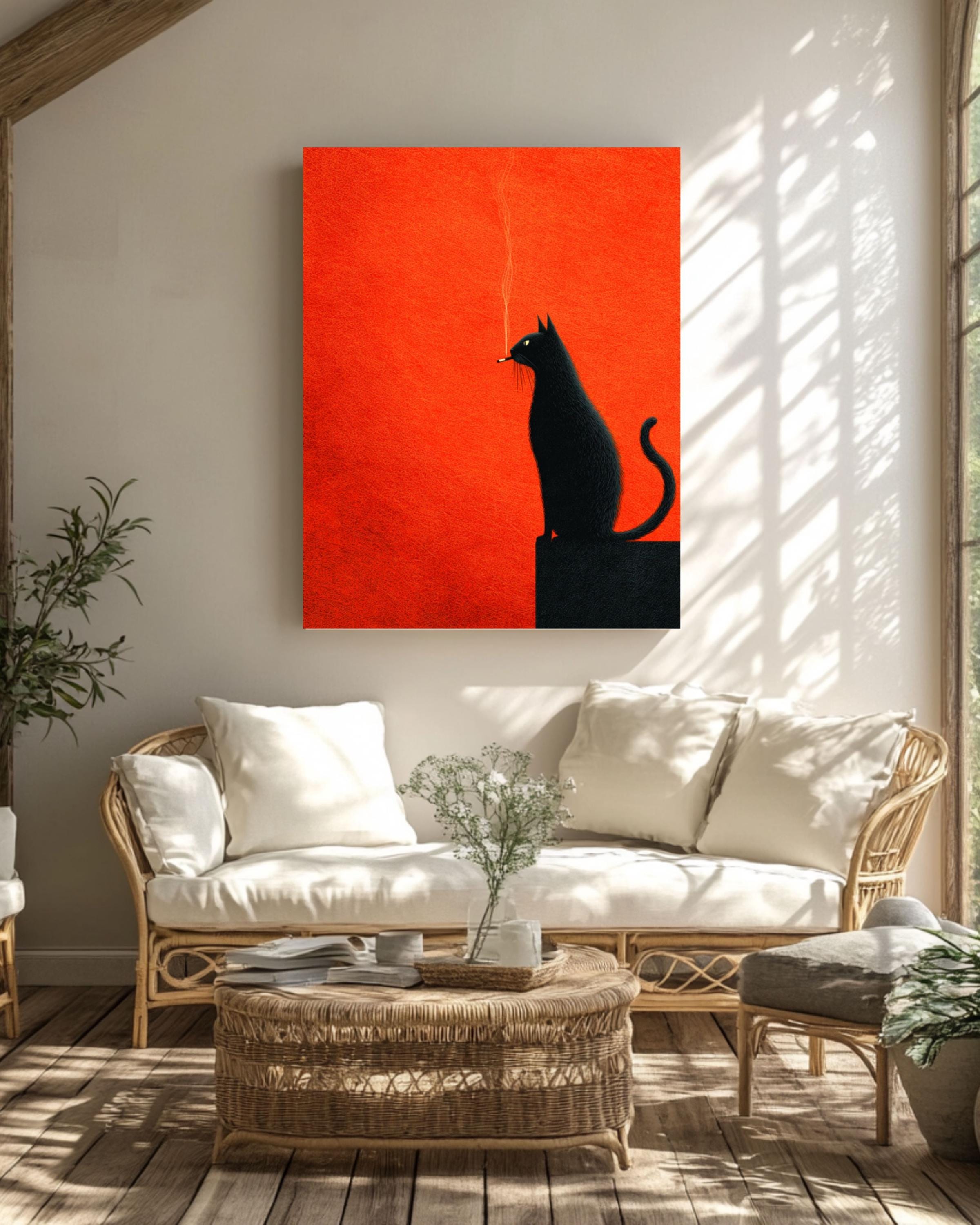 Black Cat Art Print | Retro Orange Minimalist