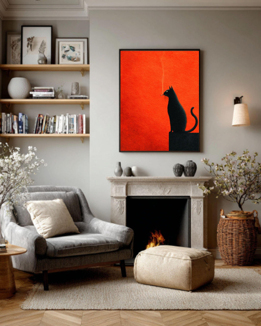 Black Cat Art Print | Retro Orange Minimalist
