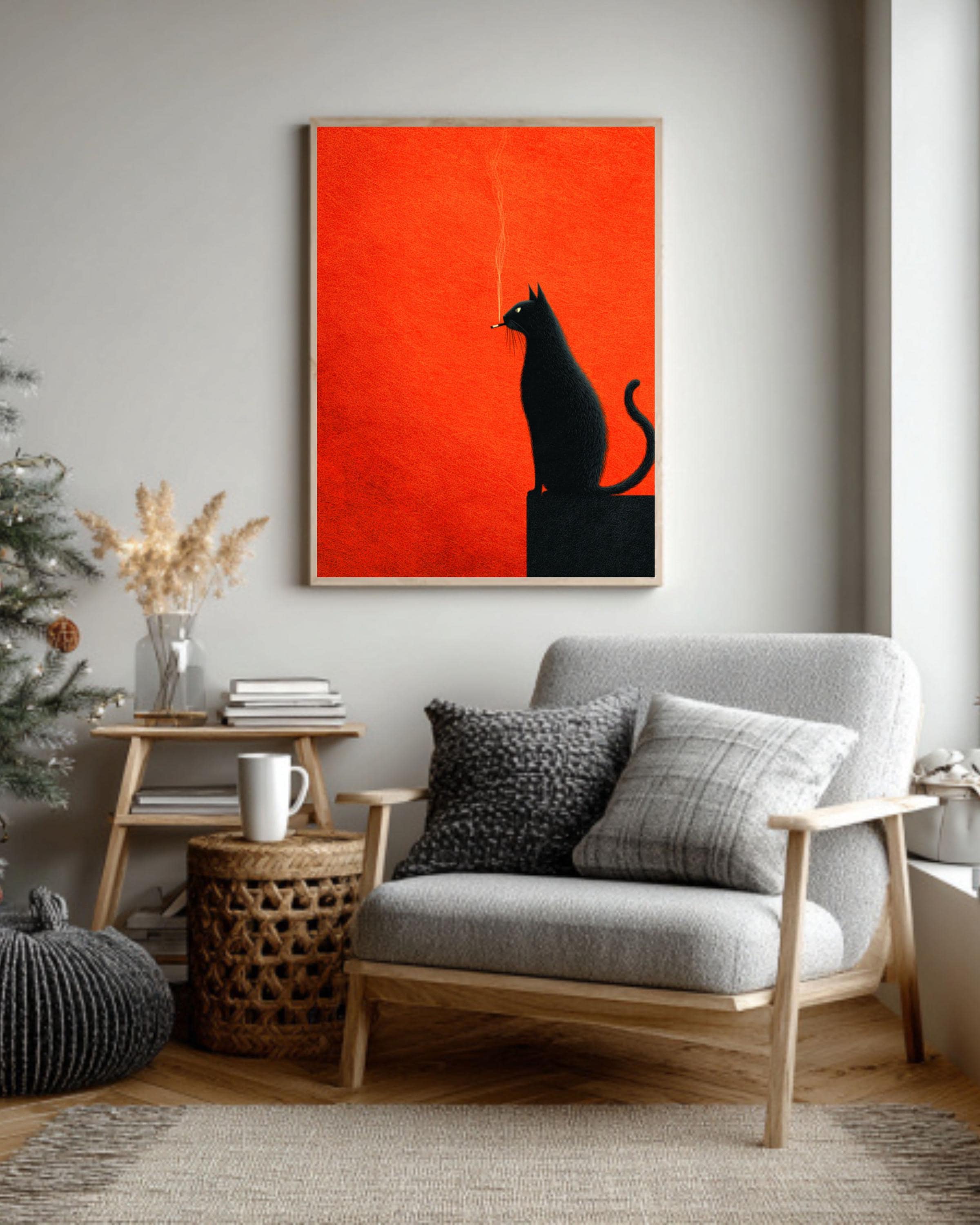 Black Cat Art Print | Retro Orange Minimalist