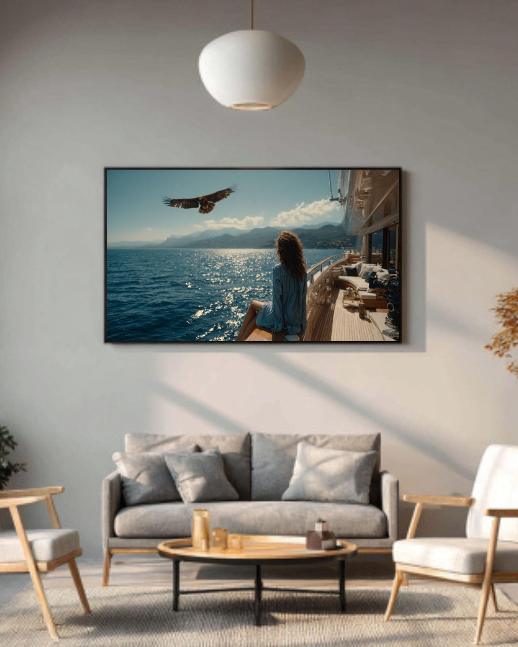 Girl on Yacht with Eagle Coastal Print â€“ Vintage Film Style Canvas Art Canvas Wall Art Print – Premium Home Decor