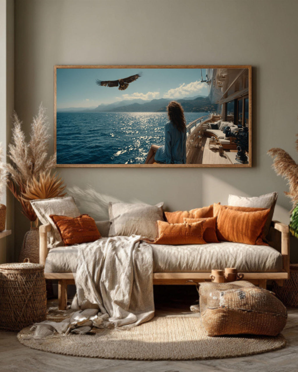 Girl on Yacht with Eagle Coastal Print â€“ Vintage Film Style Canvas Art Canvas Wall Art Print – Premium Home Decor